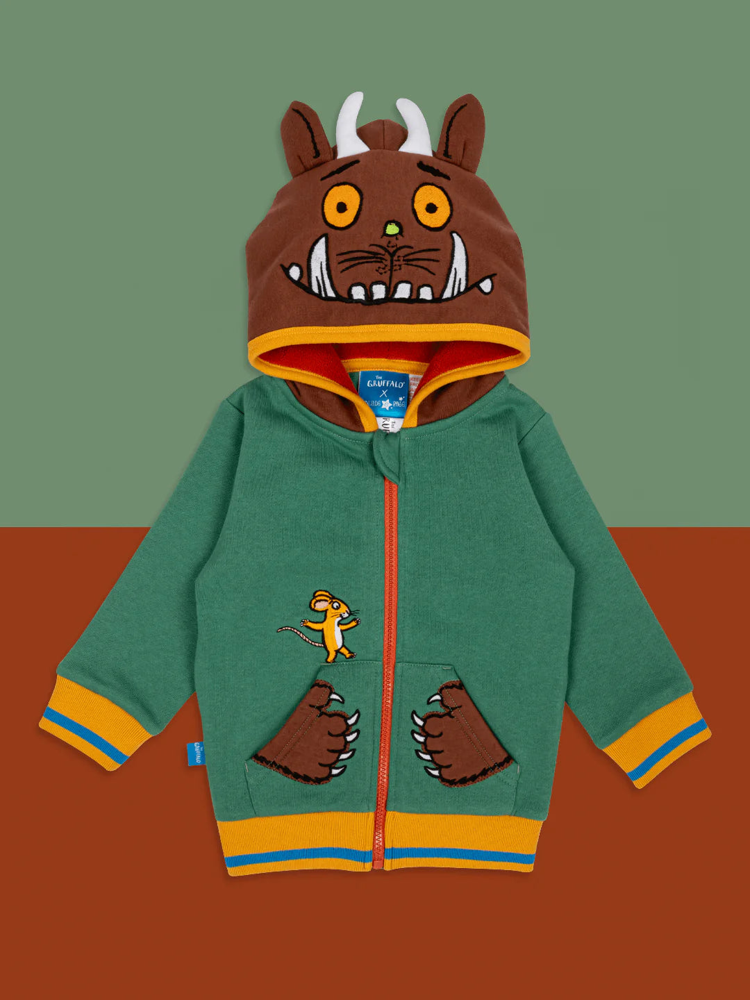 Children's hoodie with the gruffalo character on a brown background