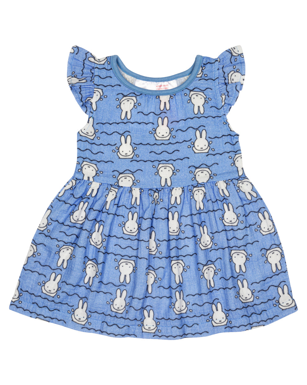 Blue dress with white Miffy bunny pattern on a white background