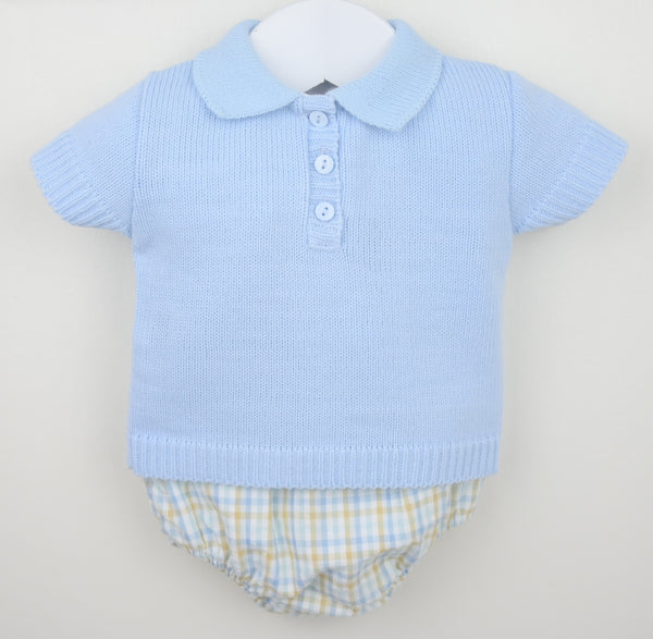 Light blue baby outfit with checkered bloomers on a white background