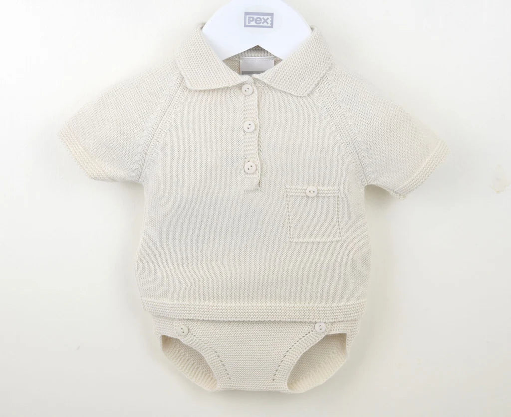 Beige baby outfit with collar on a white background