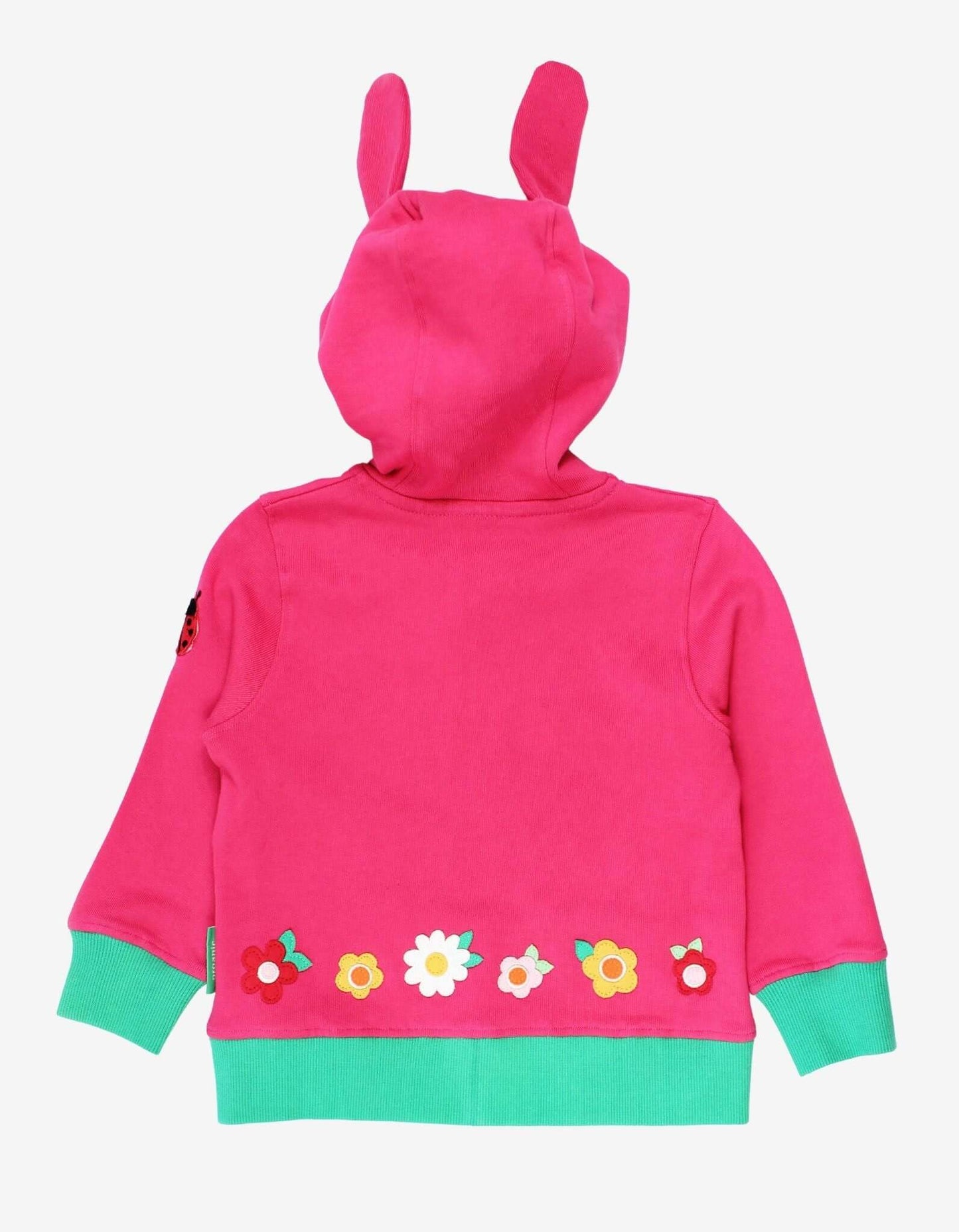 Pink hoodie with bunny ears and colorful floral design on a white background