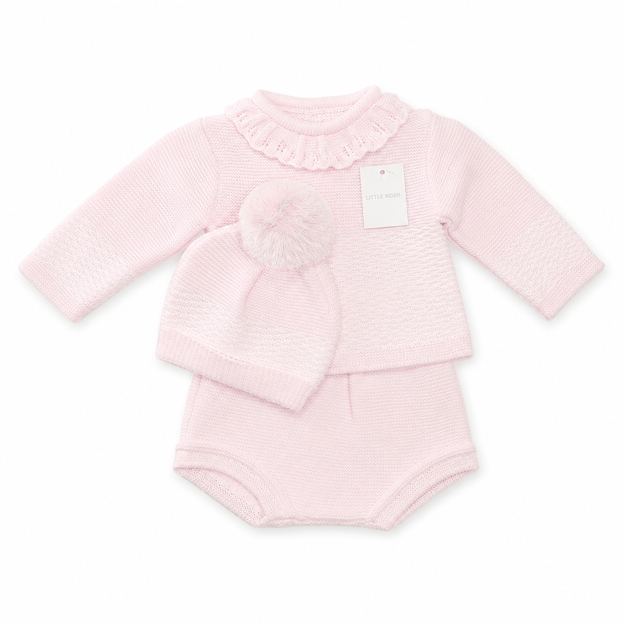 Little Nosh Baby Girls Pink Knitted 3 Piece Set with Pom Pom Hat