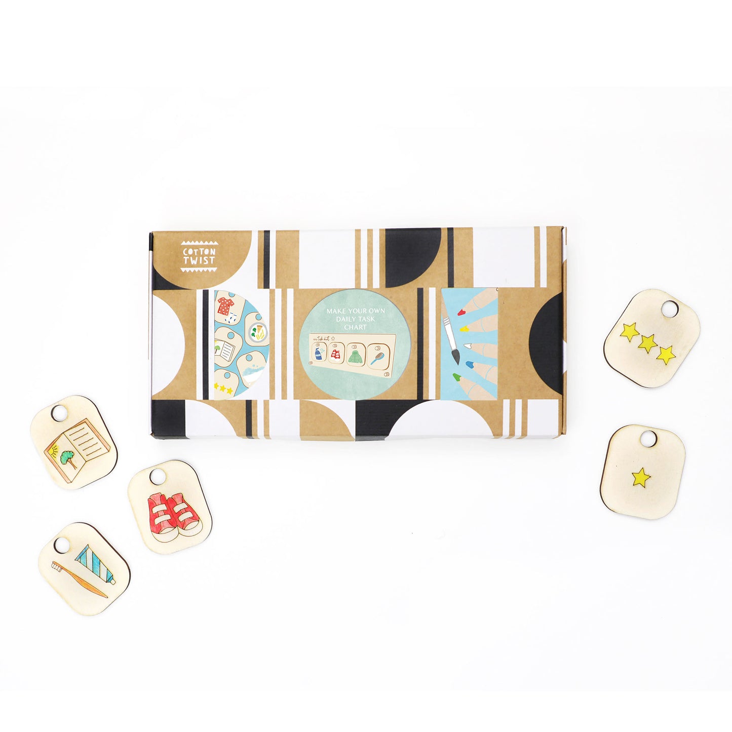 Set of decorative tags with a packaging box featuring geometric designs on a white background