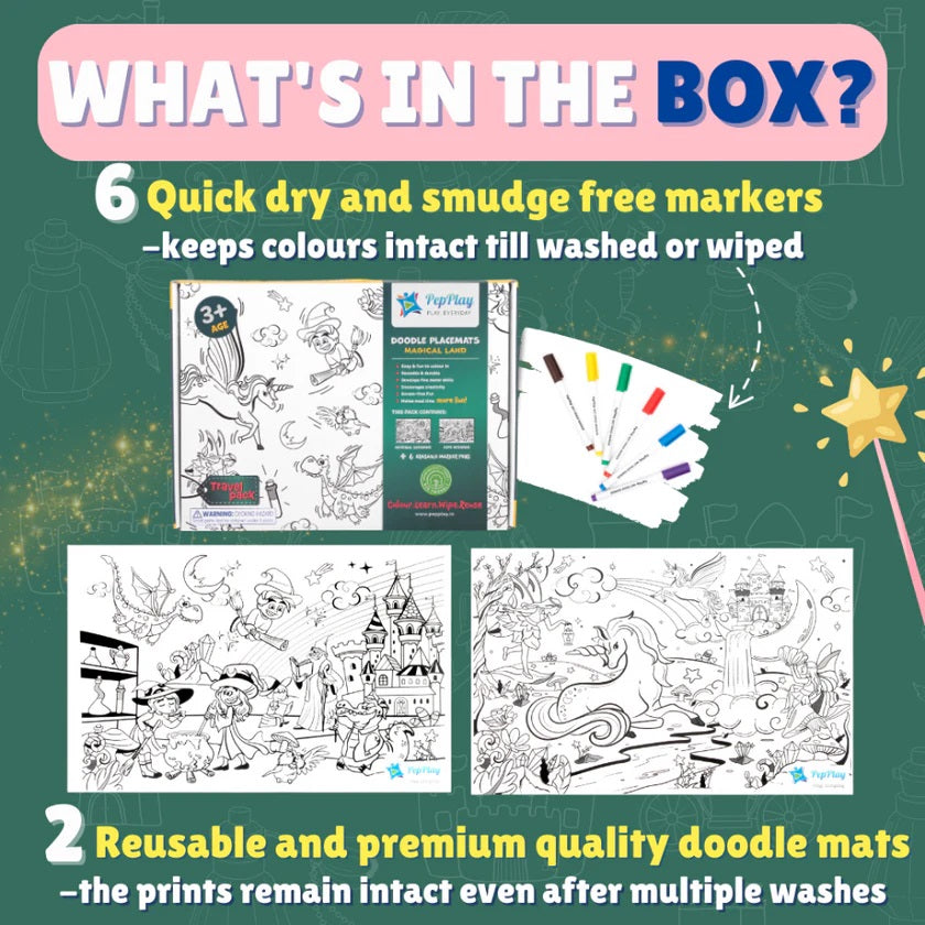 Coloring book set with markers and doodle mats on a green background
