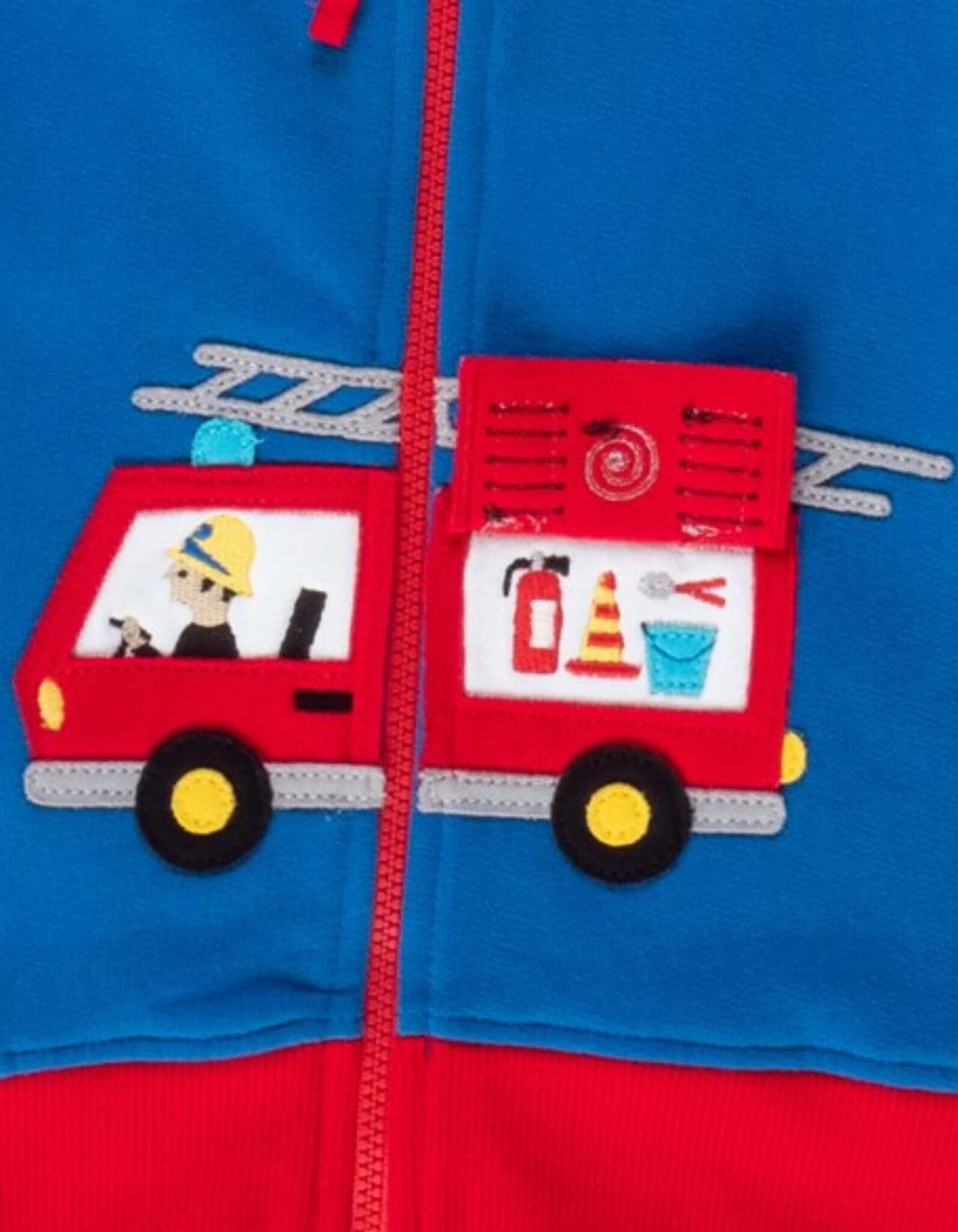 Children's hoodie with a fire truck design on a blue background