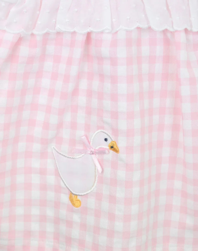 Pink and white checkered fabric with a duck appliqué
