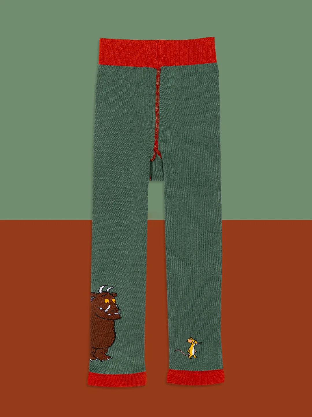 Green pants with embroidered Gruffalo designs on a brown and green background