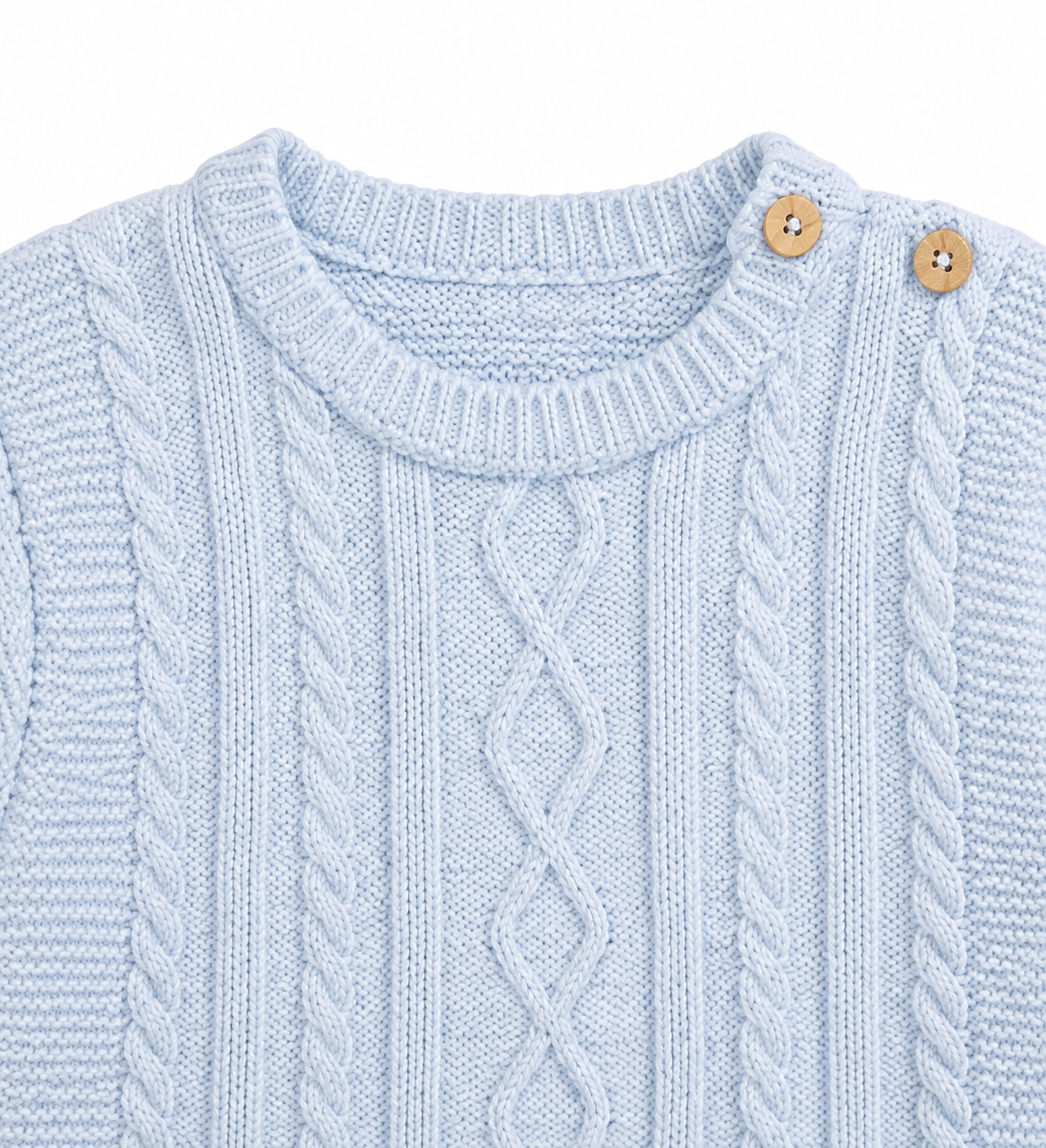 Little Nosh blue baby jumper cable knit and wooden shoulder button detail