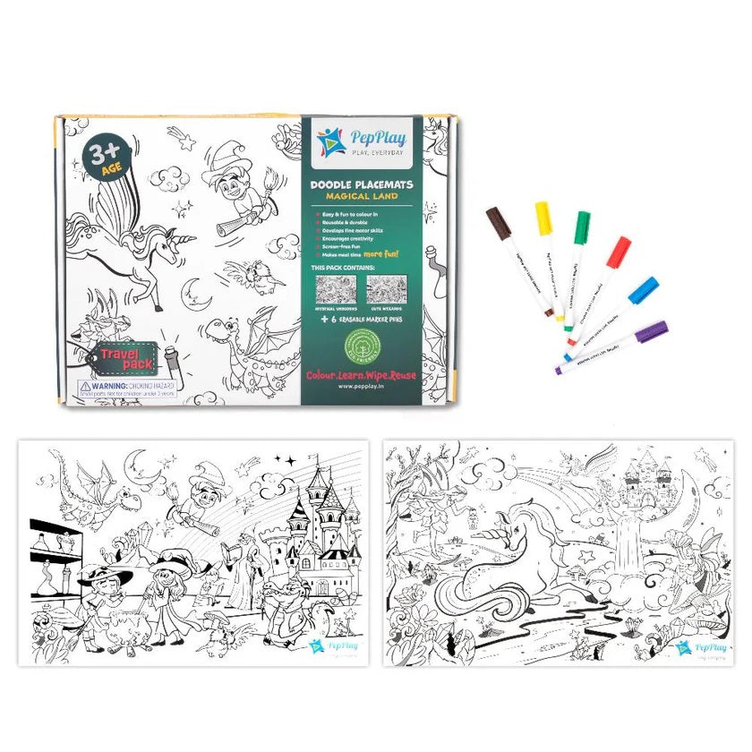 Coloring book set with illustrations and markers on a white background