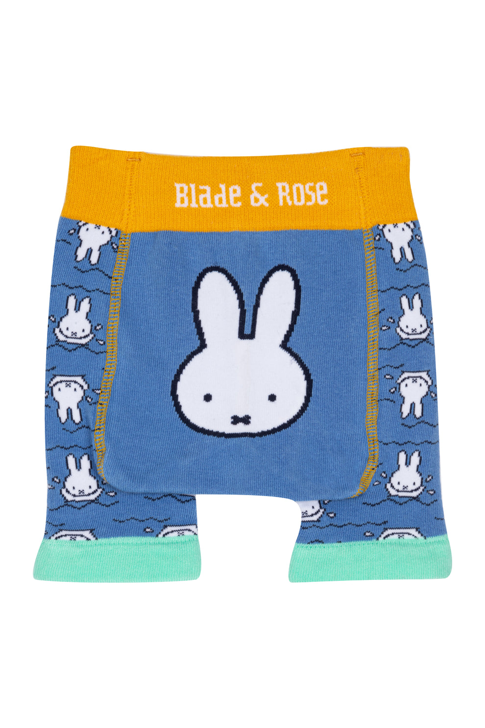 Blue shorts with miffy bunny design and yellow waistband on a white background