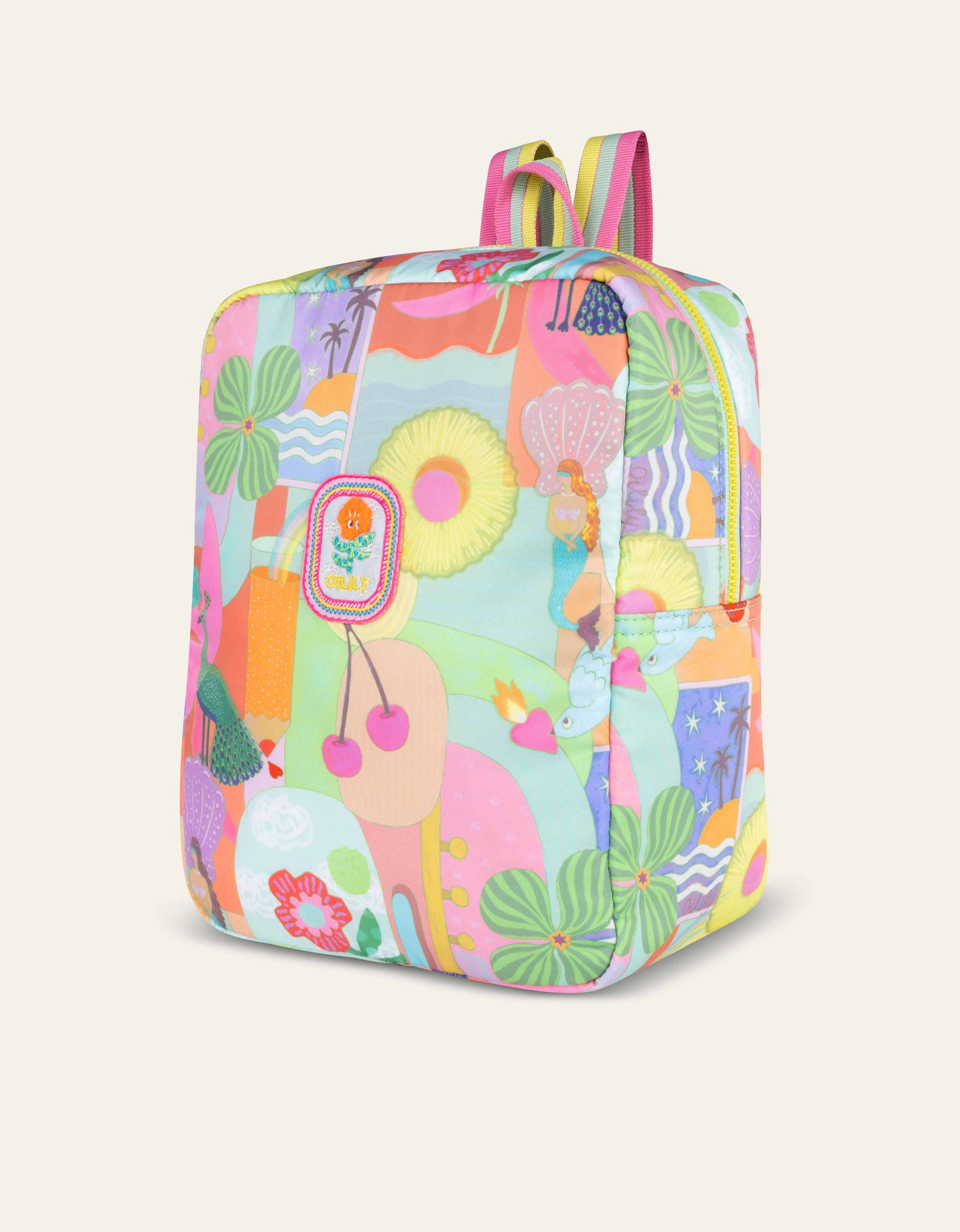 Colorful backpack with a floral and fruit pattern on a beige background