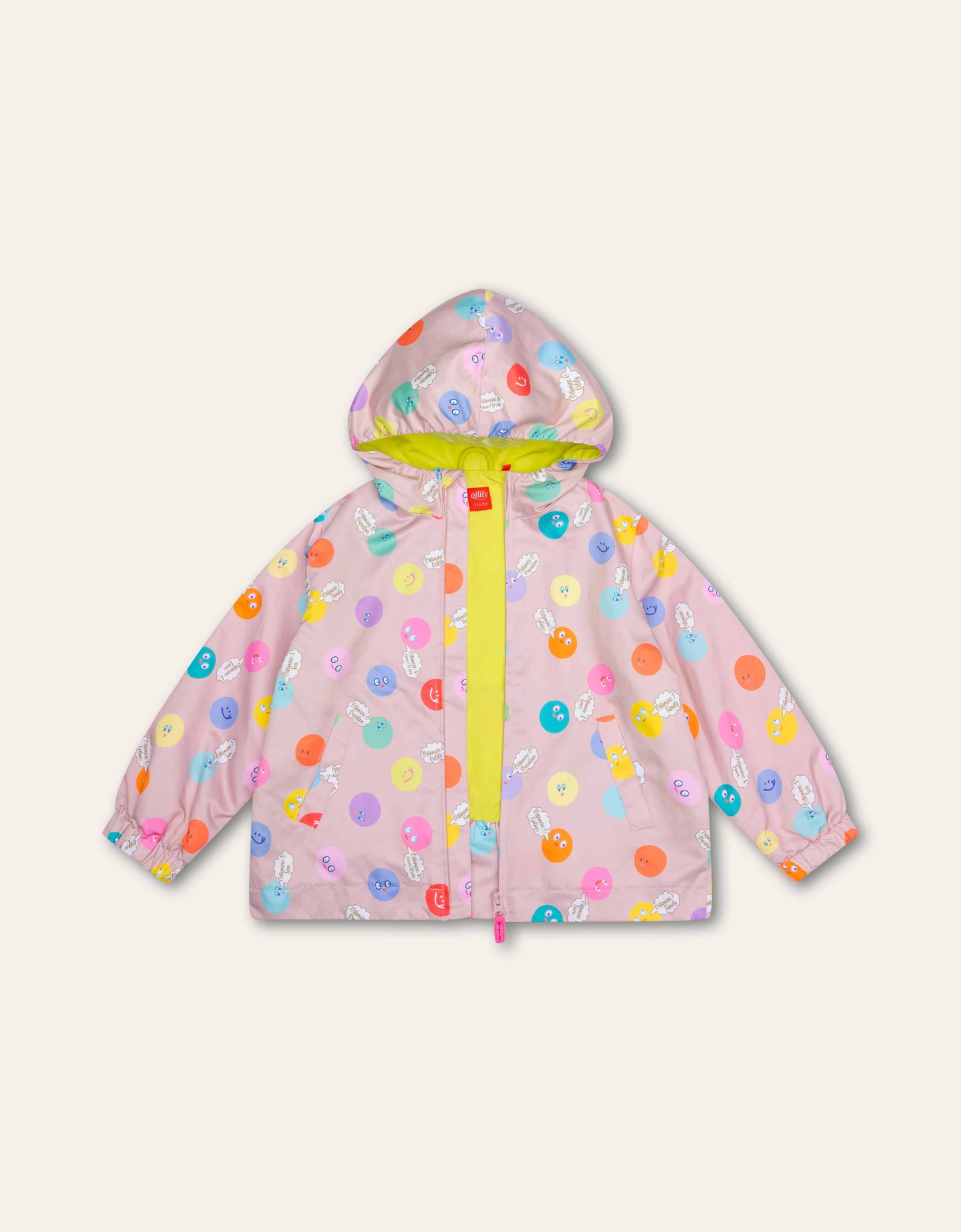 Children's raincoat with colorful pattern on a light gray background