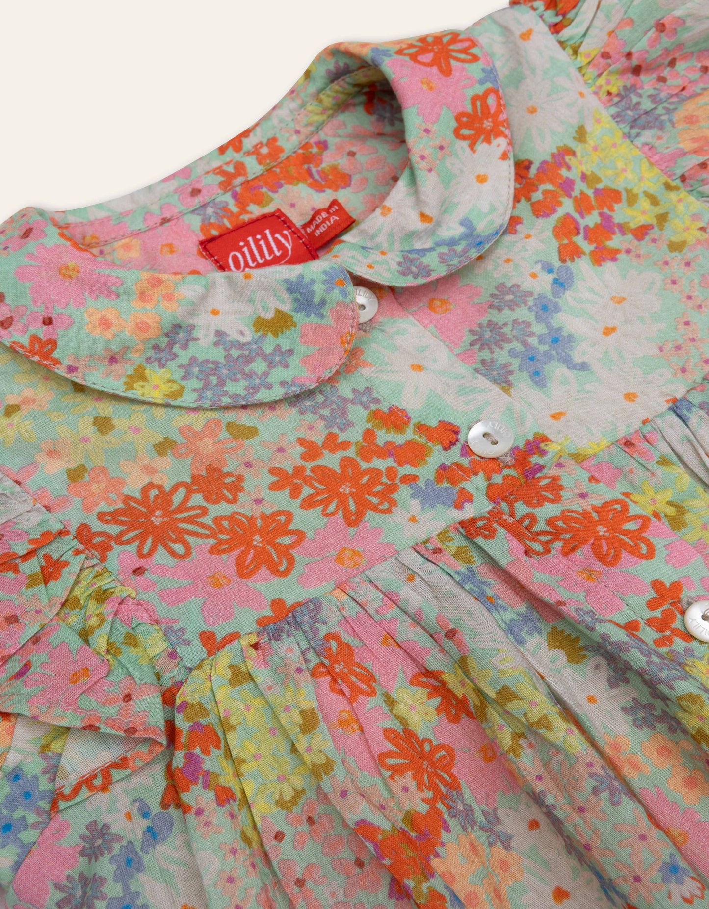 Colorful floral dress with a collar on a white background
