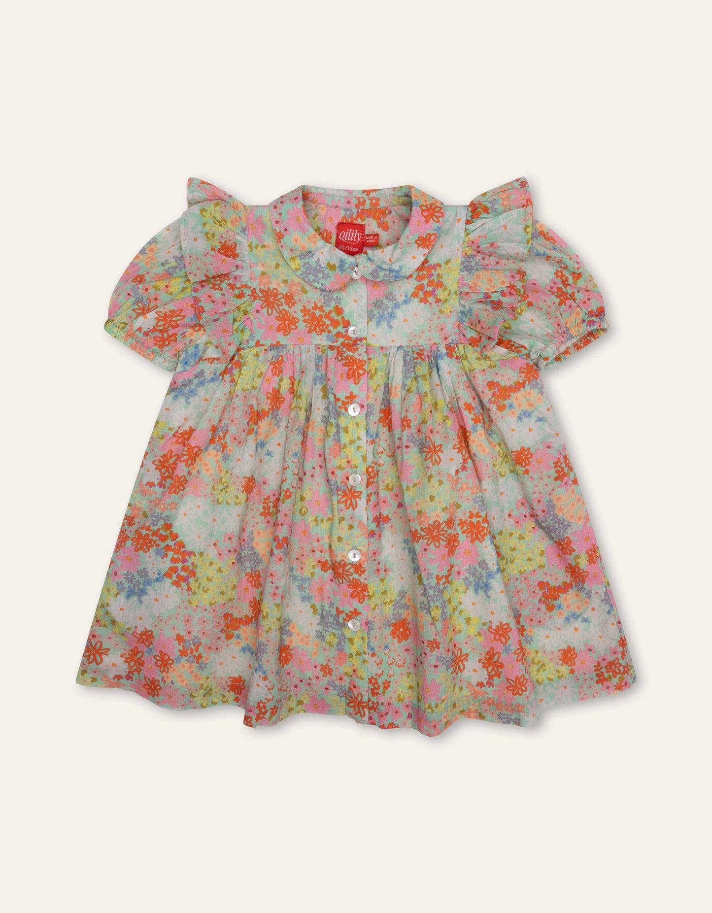 Floral dress with puff sleeves on a white background