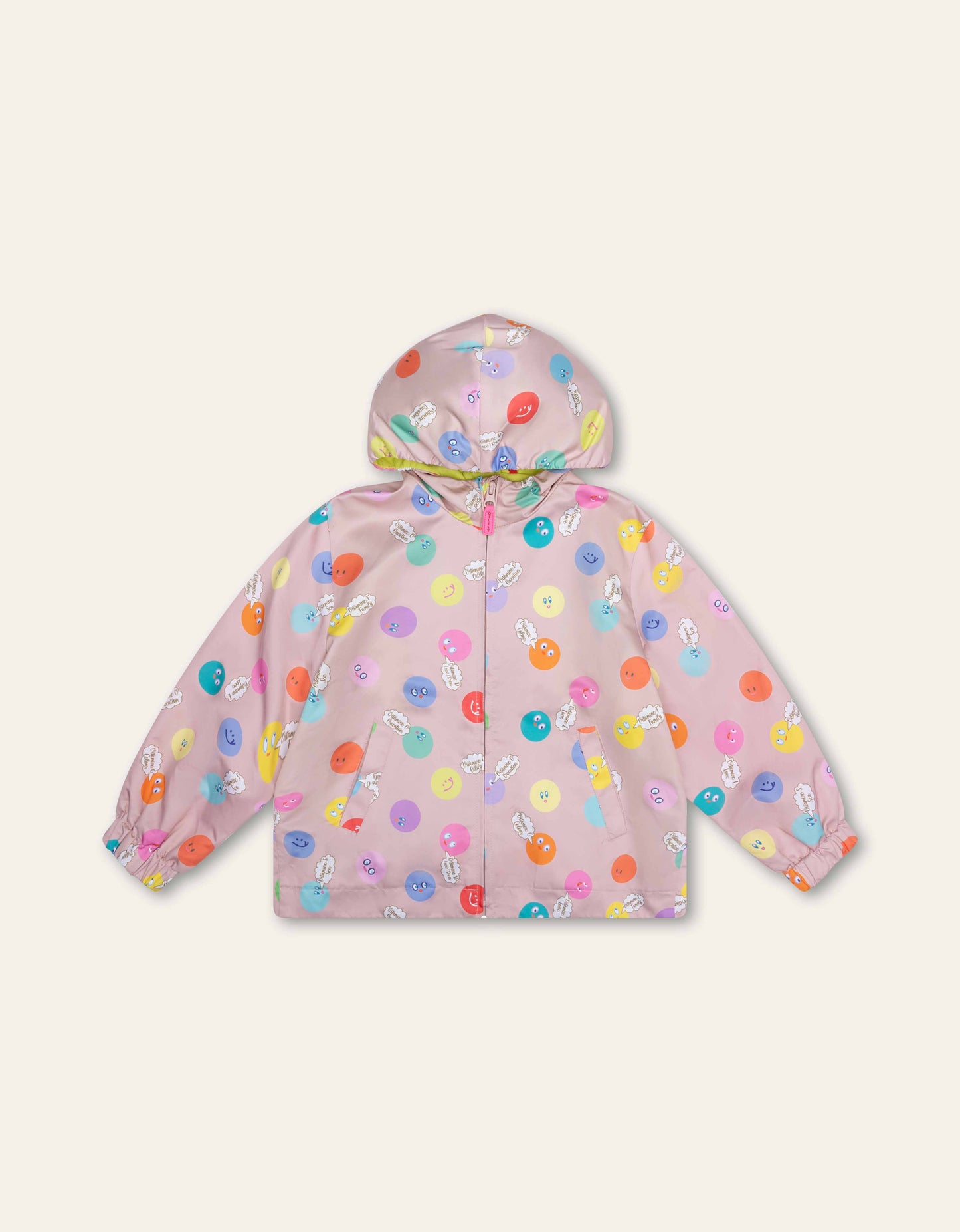 Children's raincoat with colorful pattern on a white background