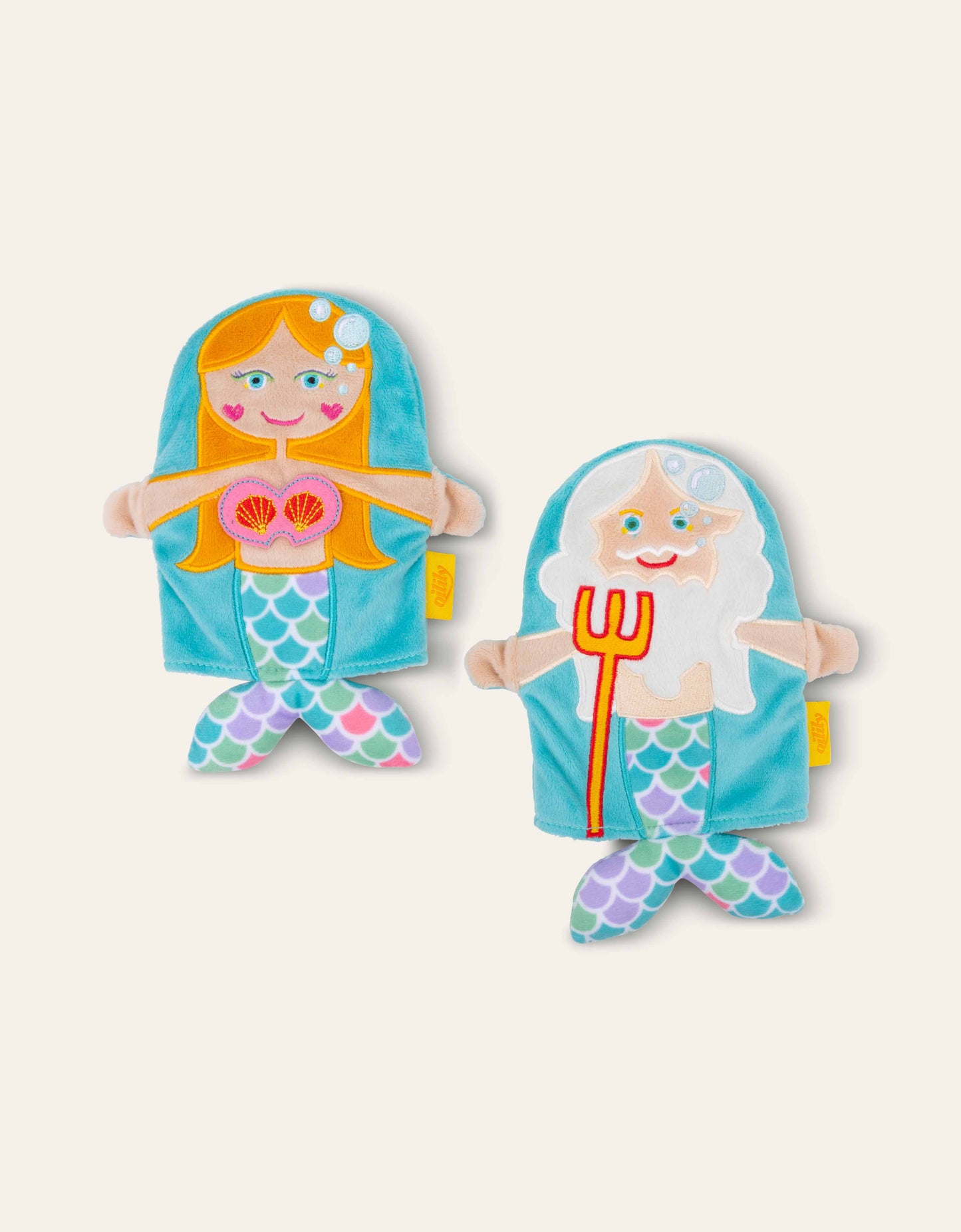 Two mermaid-themed plush toy puppets on a white background
