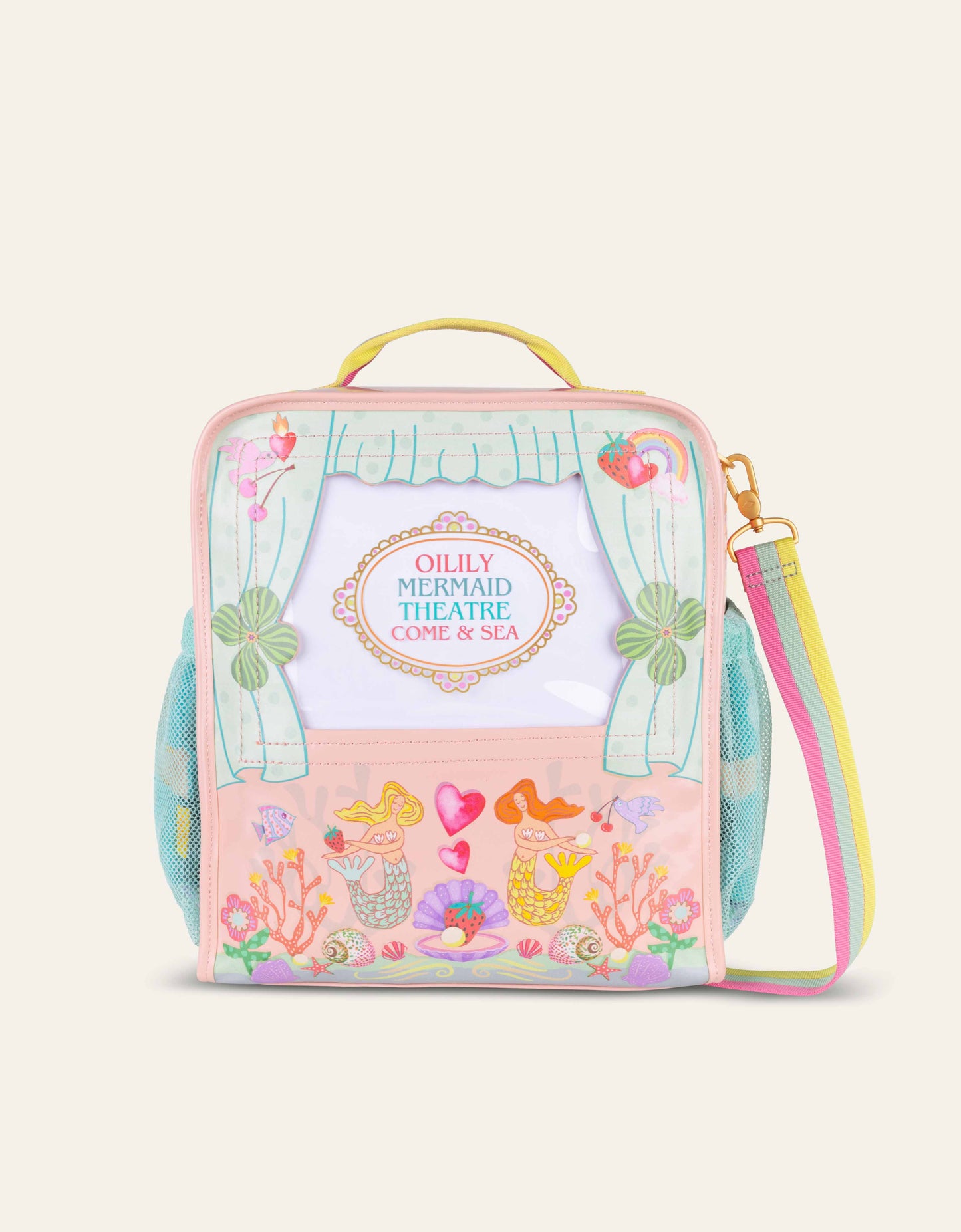 Colorful bag with mermaid-themed design on a light beige background