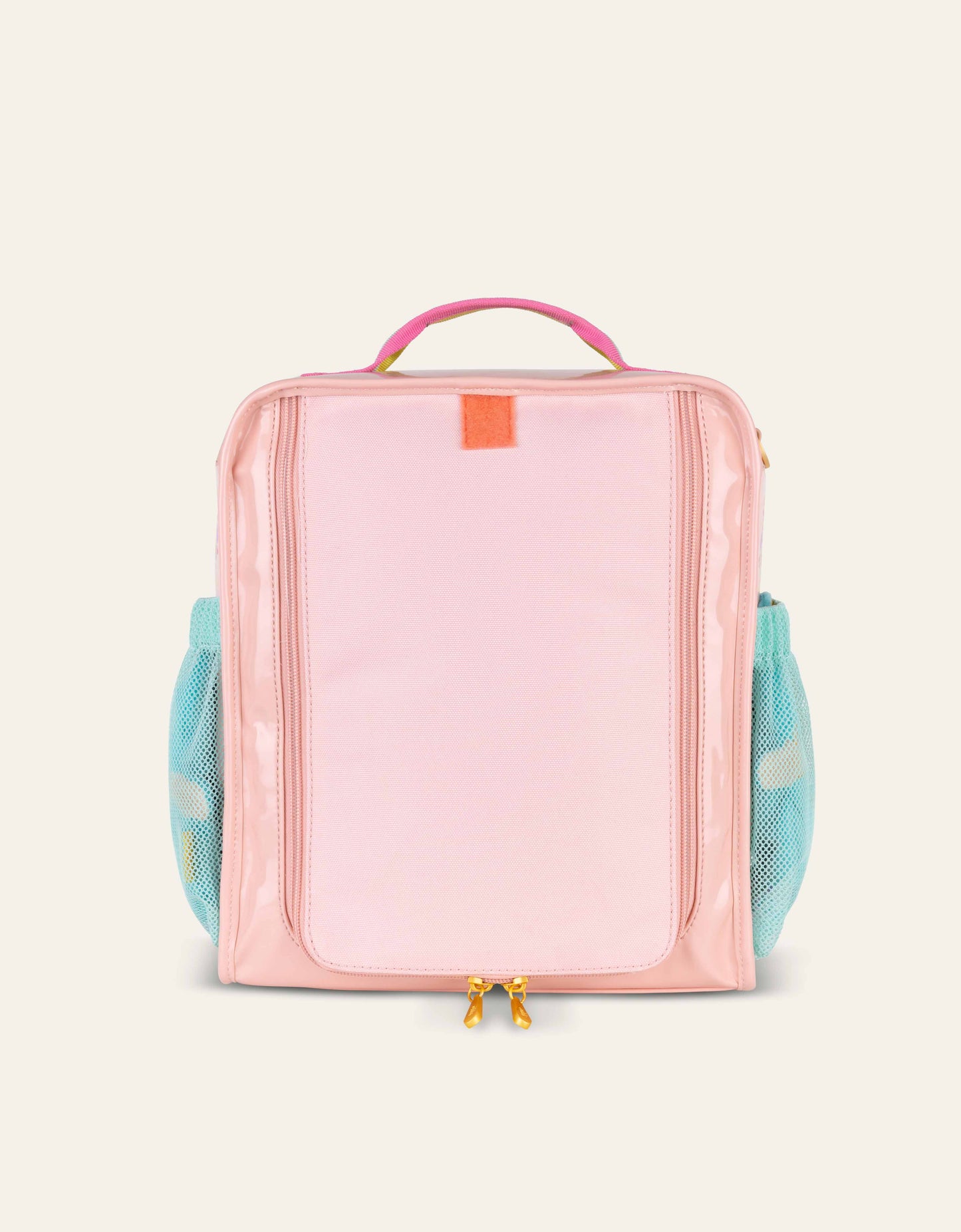 Pink travel bag with mesh side pockets on a light beige background