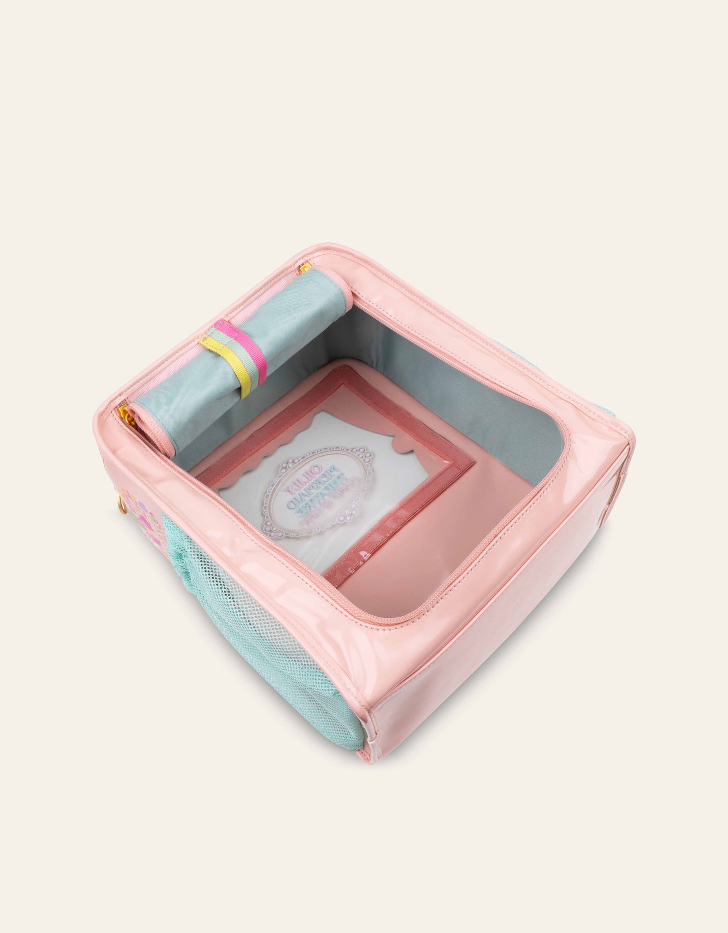 Pink and light blue mermaid bag with compartments on a white background