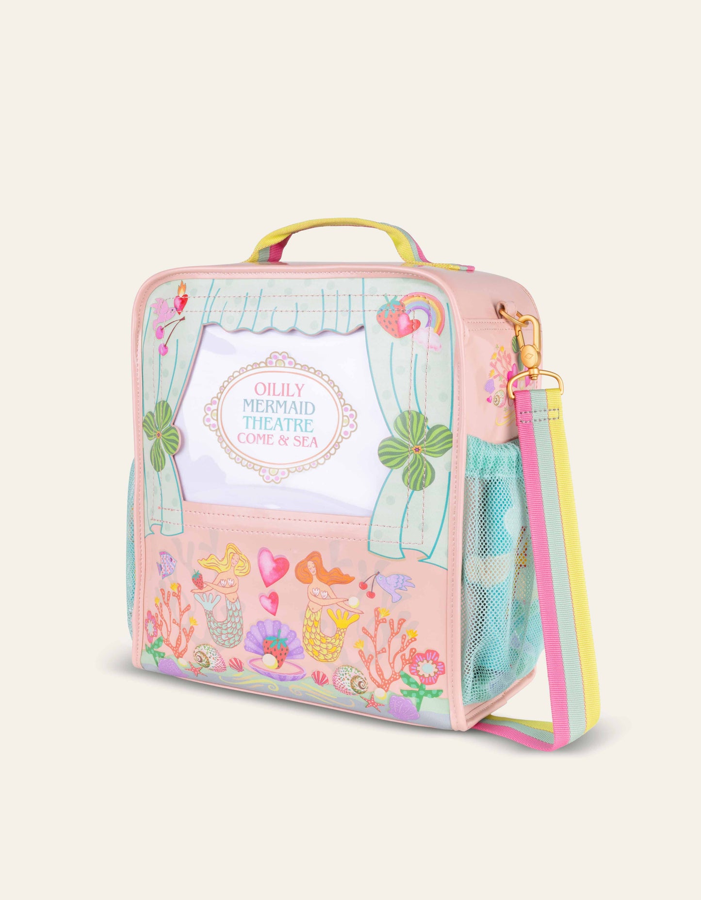 Pink children's mermaid theater set with colorful designs on a white background
