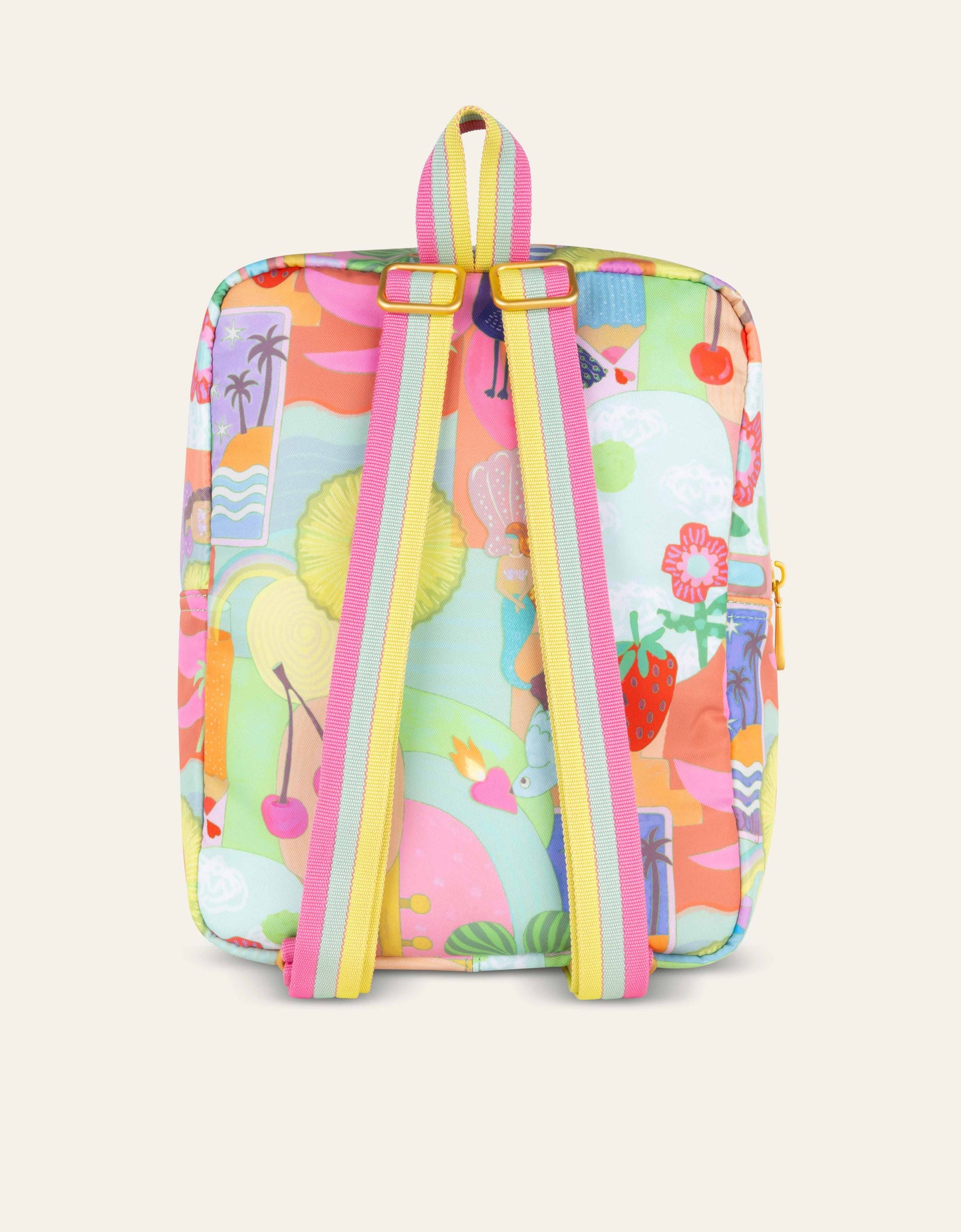 Colorful backpack with a tropical pattern on a beige background
