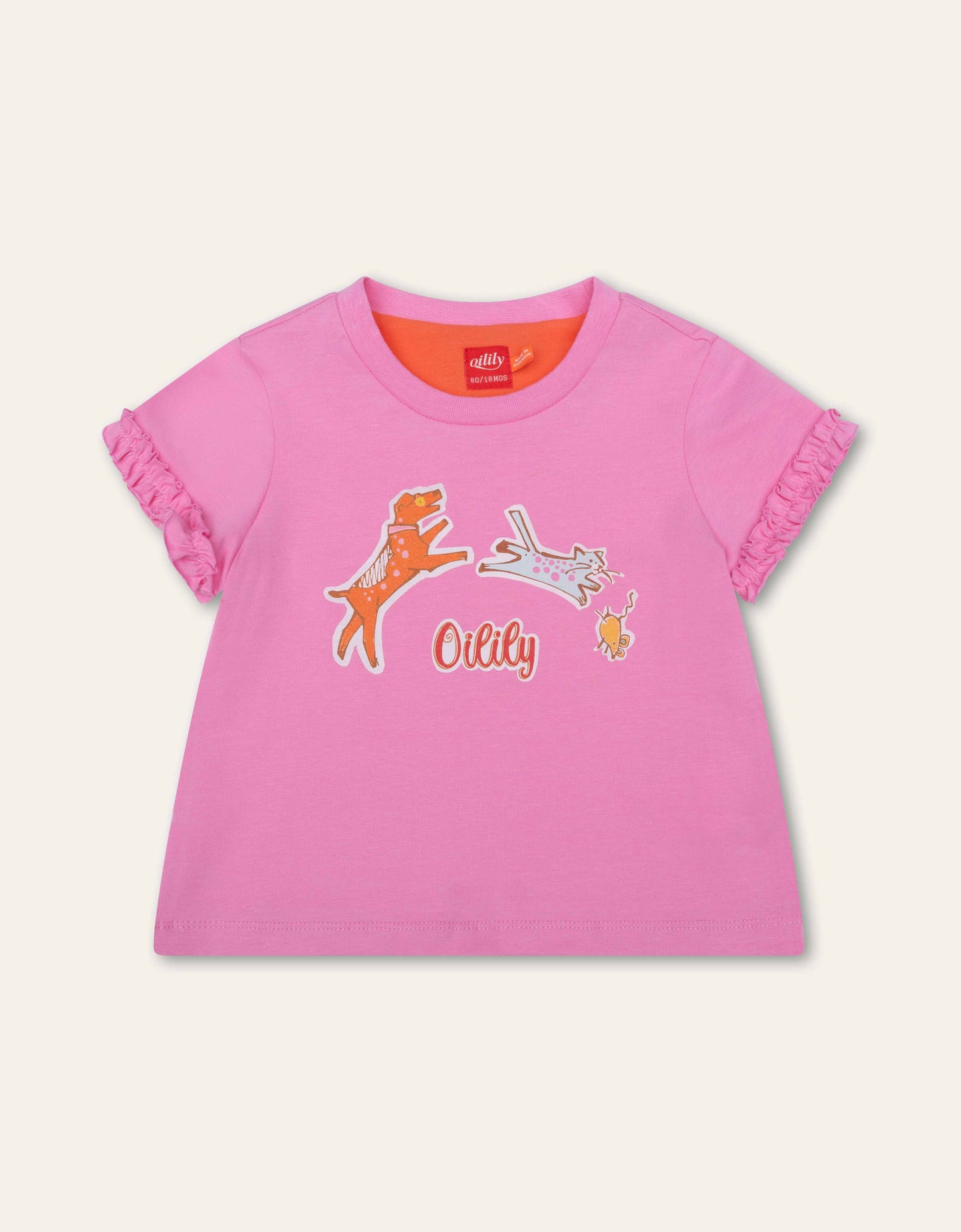 Pink t-shirt with cartoon characters and 'Oilily' branding on a white background