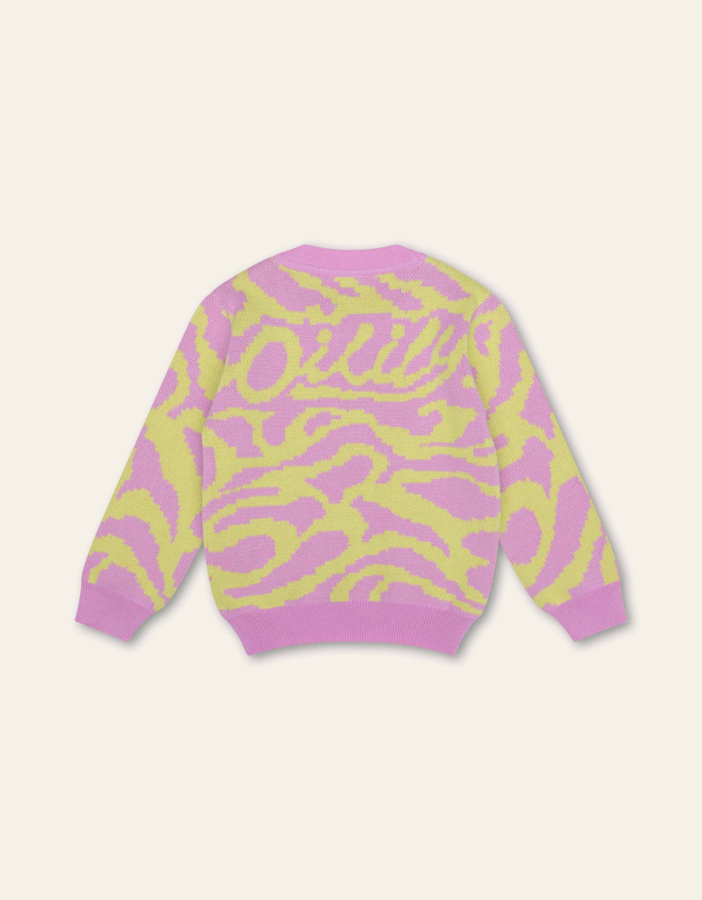 Pink and yellow patterned Oilily sweater on a light beige background