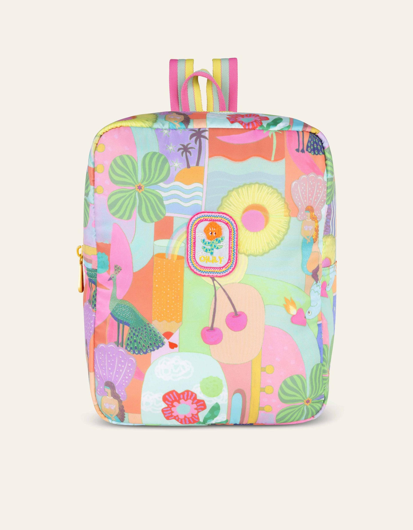 Colorful backpack with abstract design on a white background