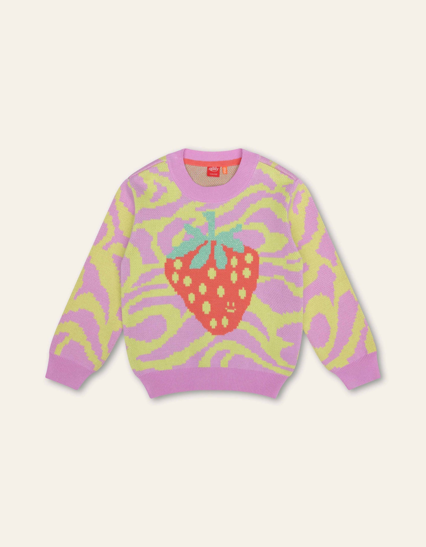 Pink sweater with green abstract patterns and a red strawberry design on a white background