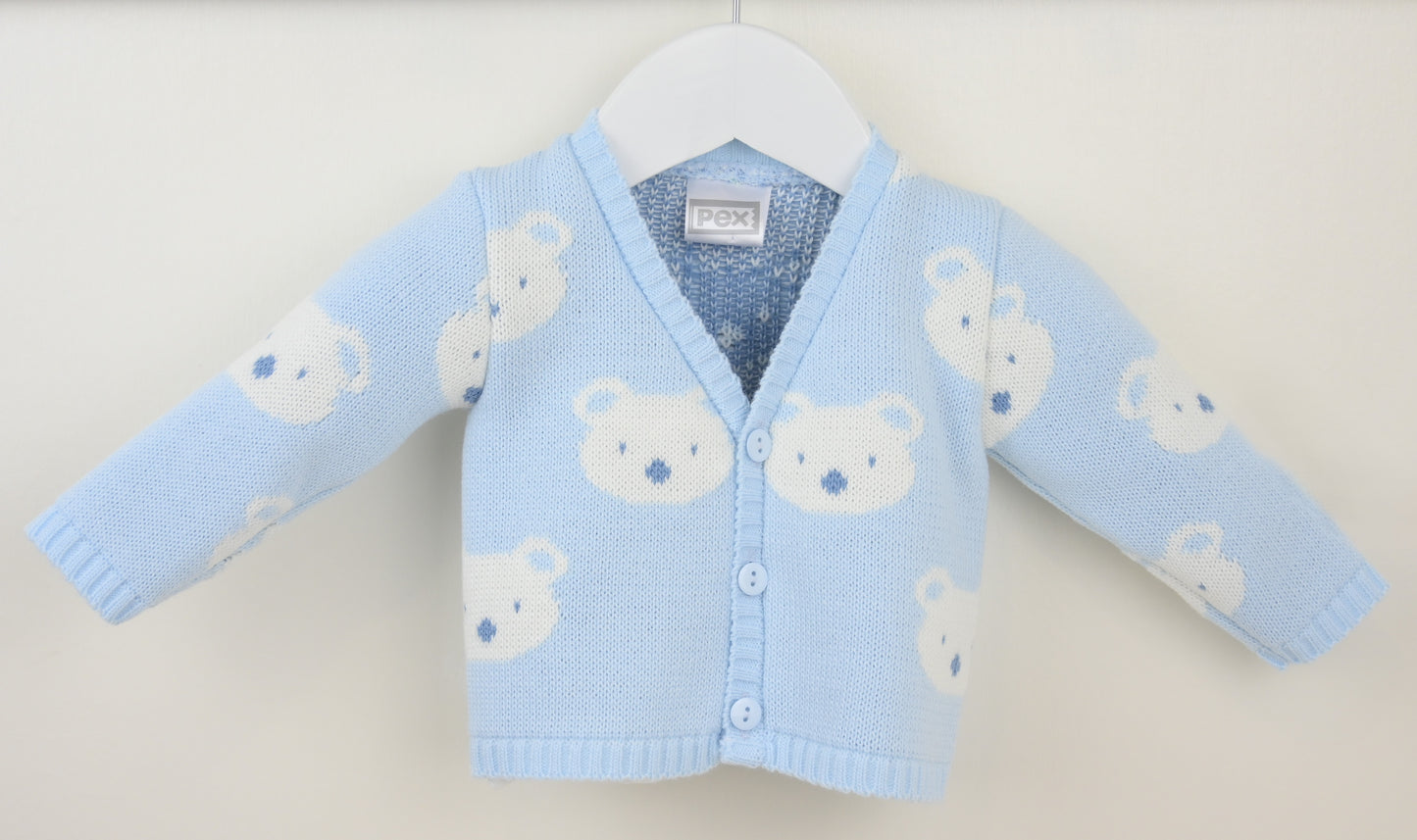 Light blue baby cardigan with bear patterns on a white background