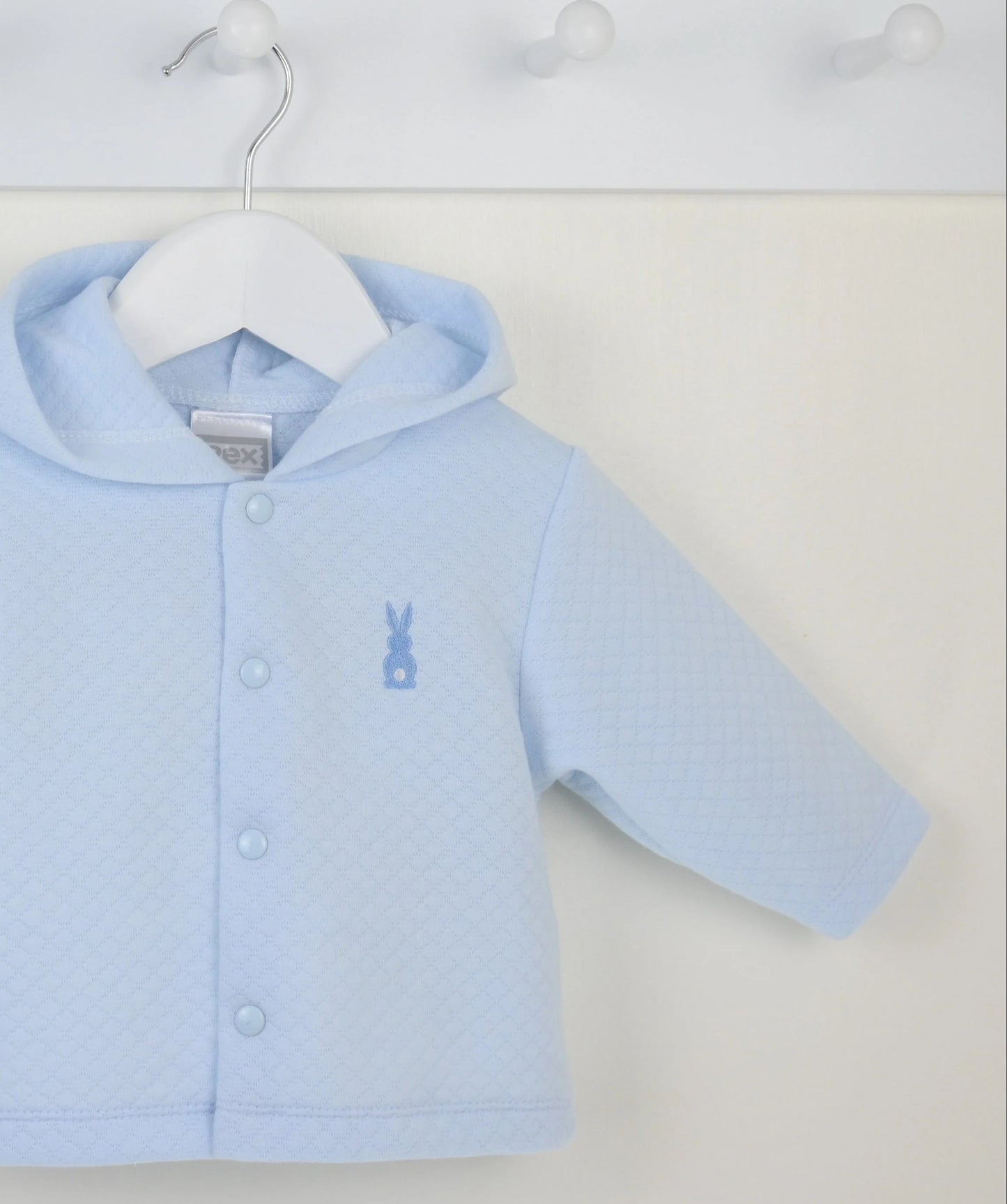 Light blue baby hooded jacket with a small bunny design on a white background