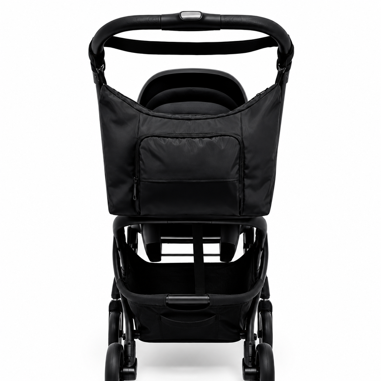 Black Qubi baby pram with chnaging bag attached