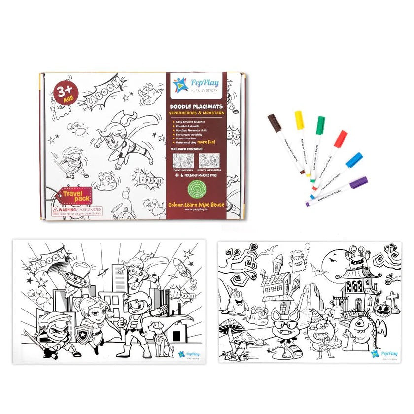 Coloring book set with placemats, markers, and coloring sheets on a white background