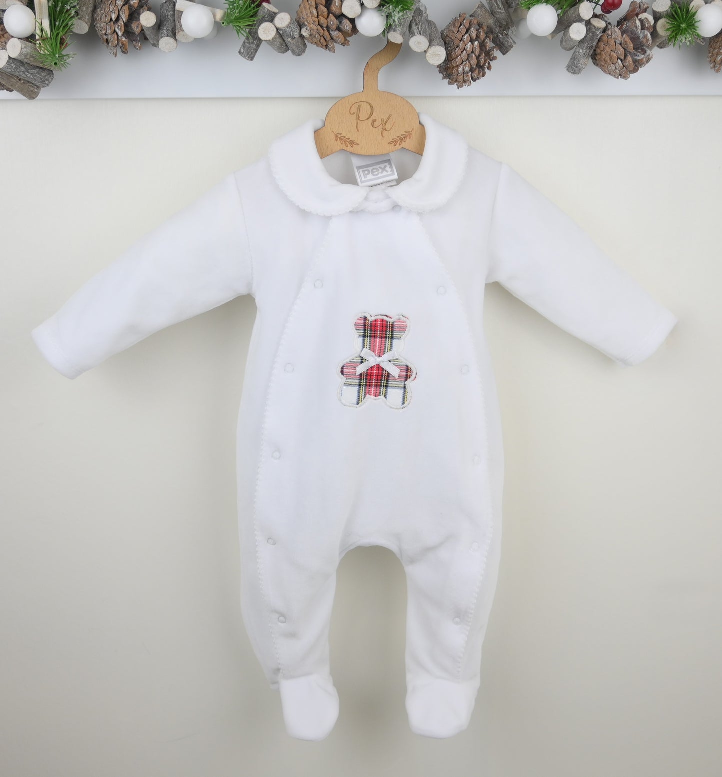 Pex Tartan Ted velour baby sleepsuit in cream with tartan bear detail