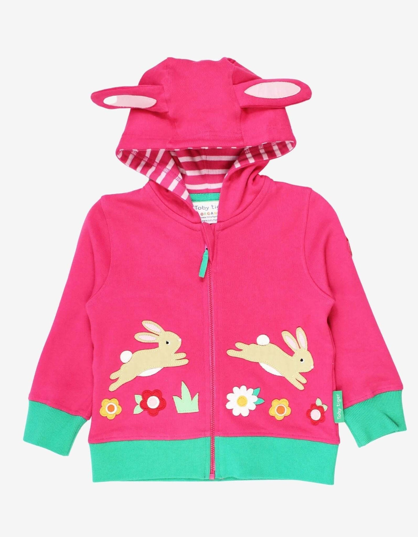 Pink children's hoodie with bunny designs on a white background