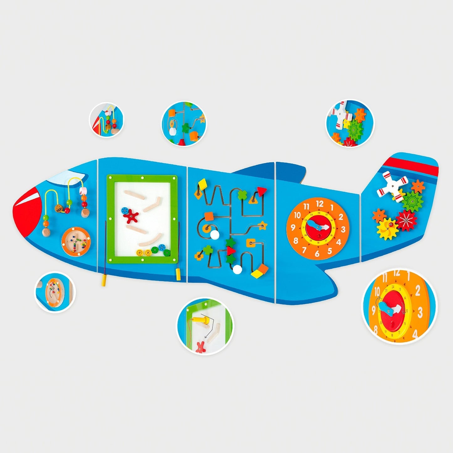 Colorful airplane-shaped educational toy with various interactive elements on a light gray background