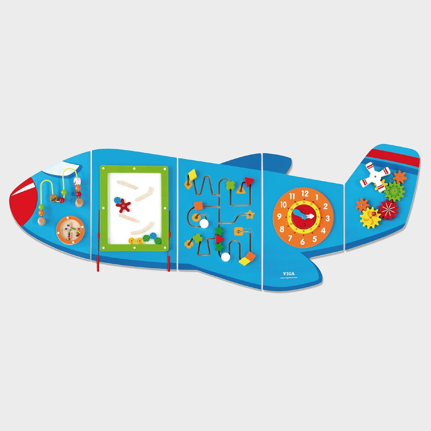 Children's educational toy airplane with various interactive elements on a light gray background