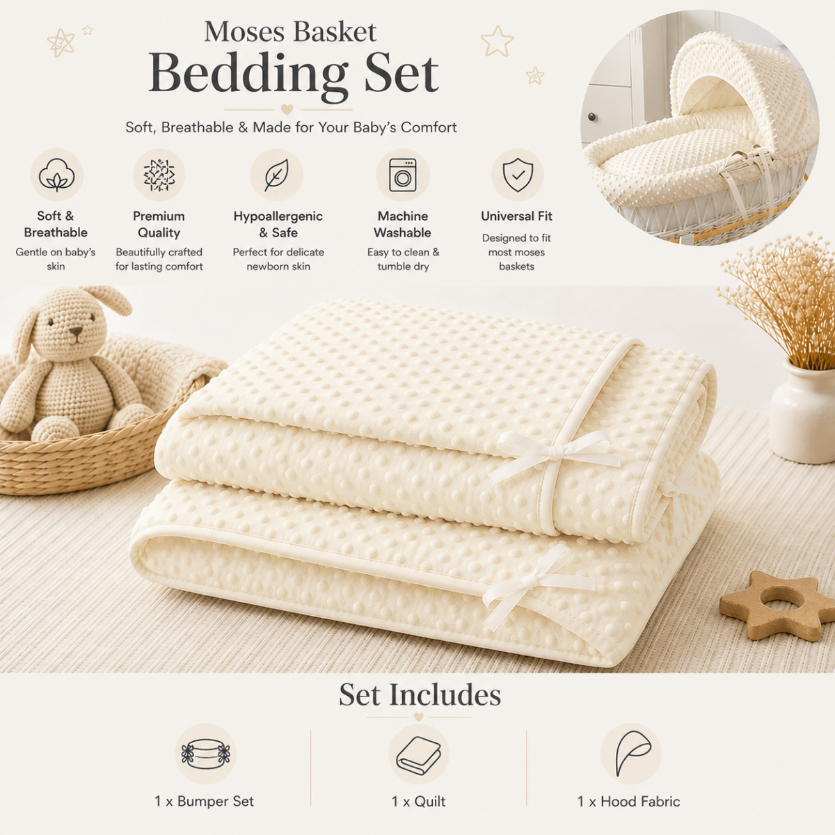 Moses basket bedding set with quilt, bumper set, and hood fabric on a neutral background.