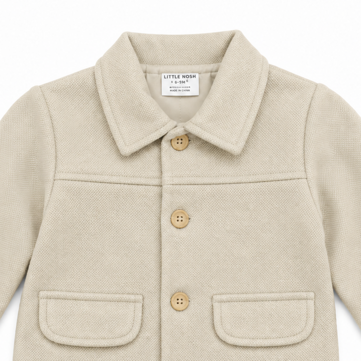 Collar and button detail on Little Nosh baby boys camel coat