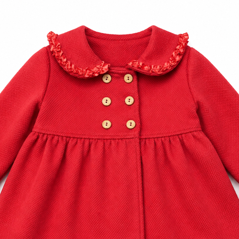 Satin ruffle collar and double-breasted button detail on Little Nosh red coat