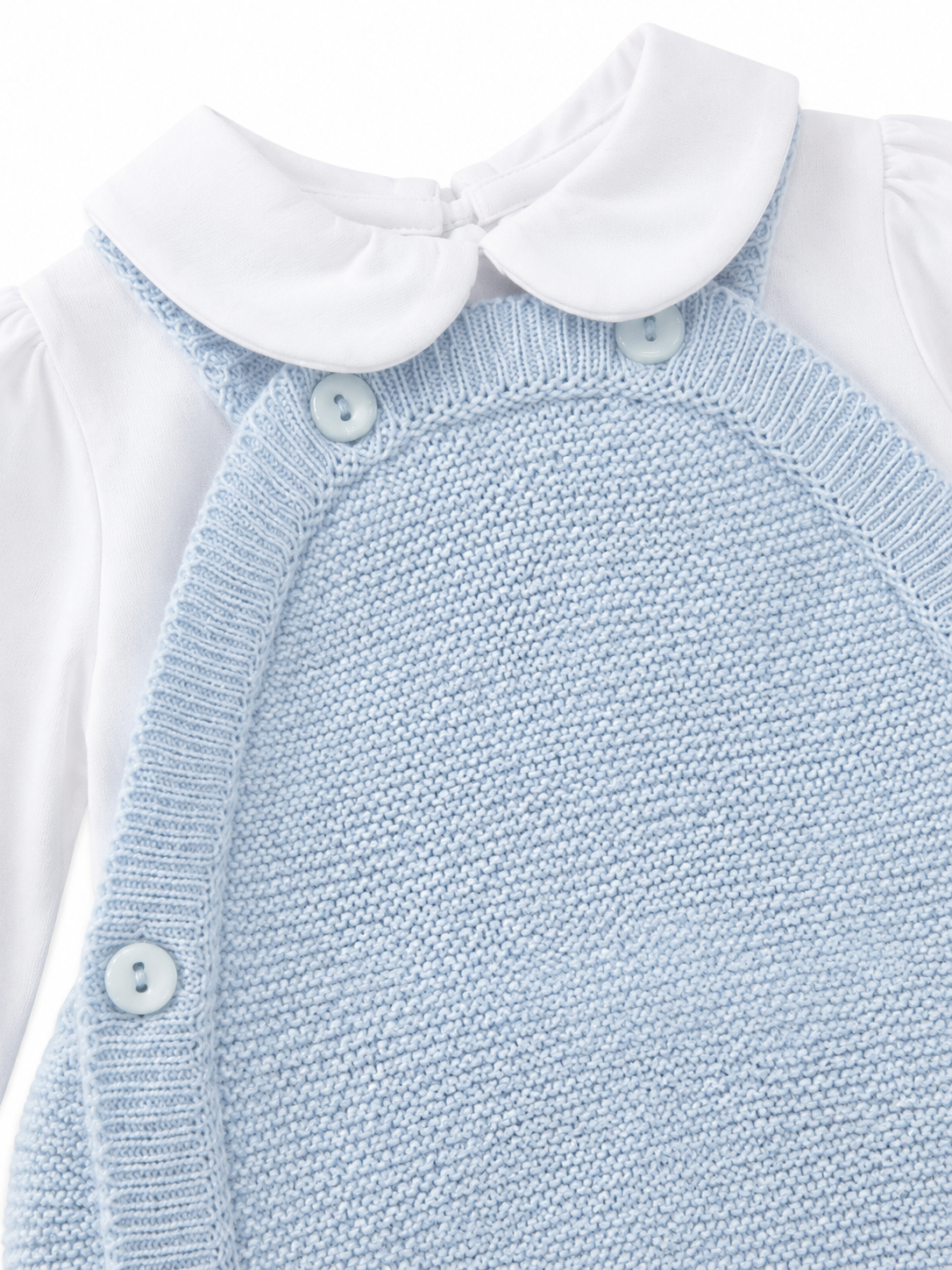 Little Nosh blue knitted baby romper Peter Pan collar and button detail