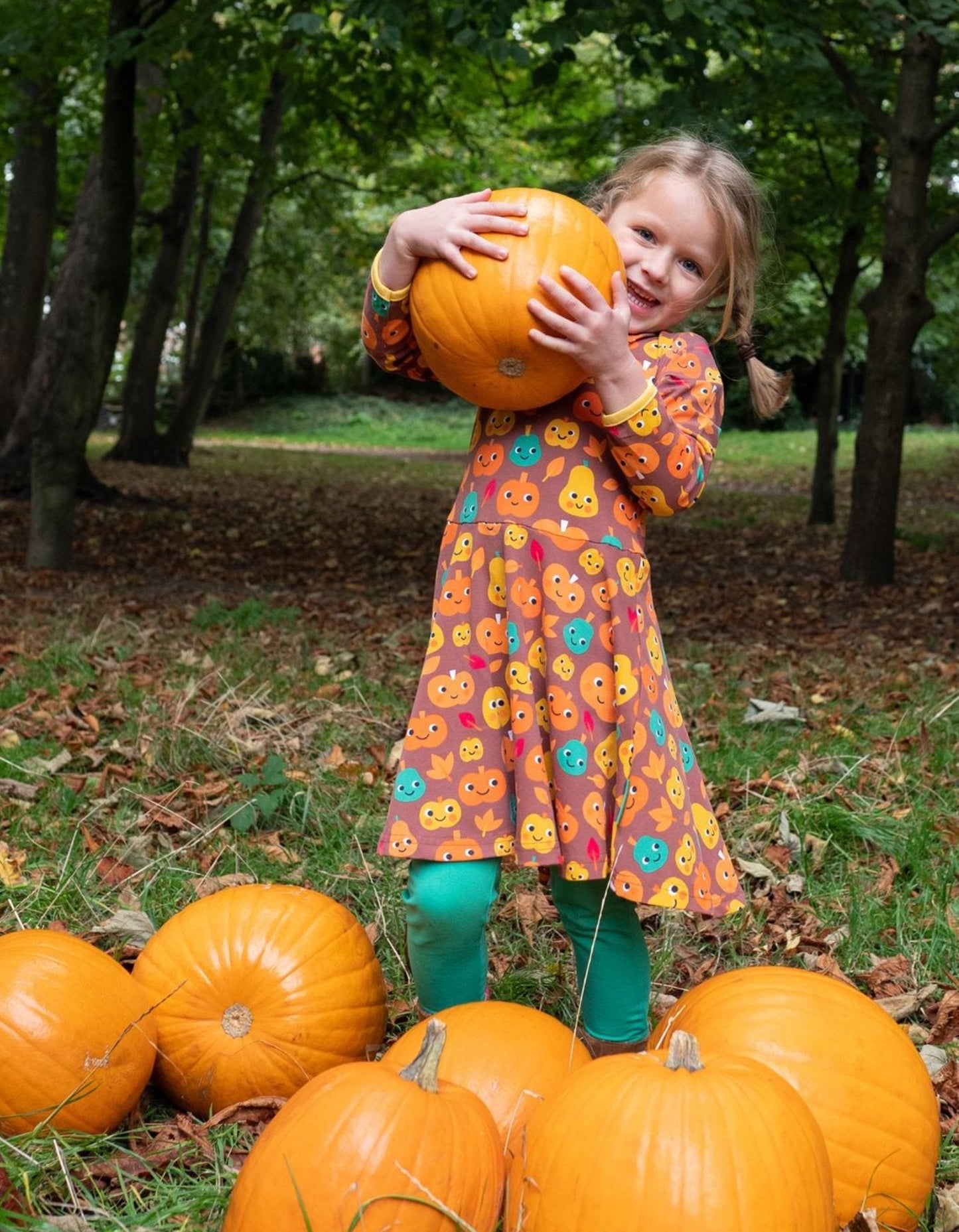 Toby Tiger Organic Pumpkin Print Long-Sleeved Skater Dress