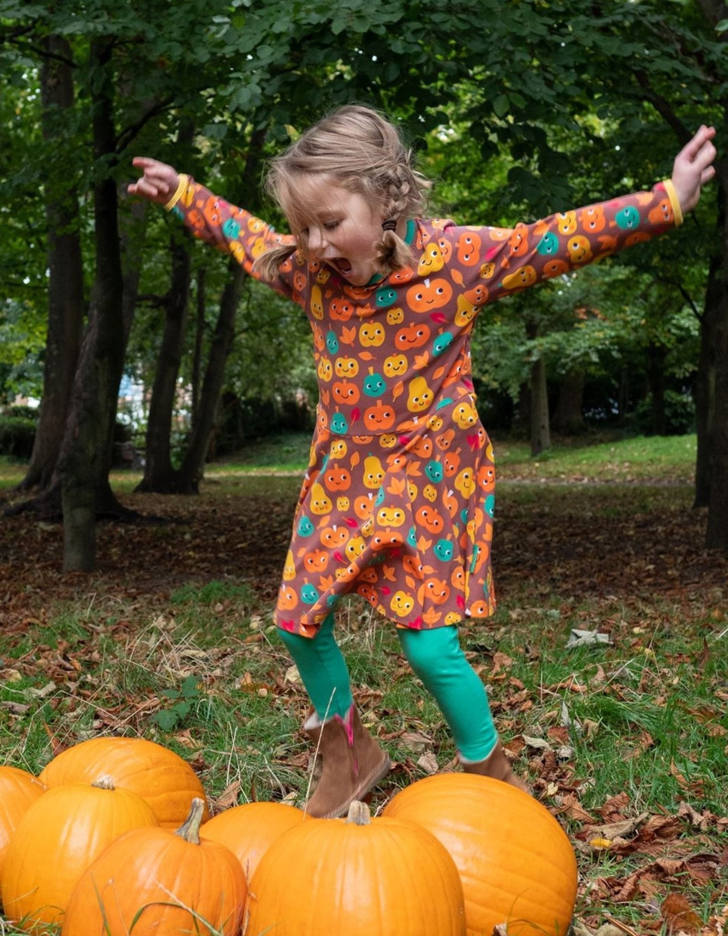 Toby Tiger Organic Pumpkin Print Long-Sleeved Skater Dress