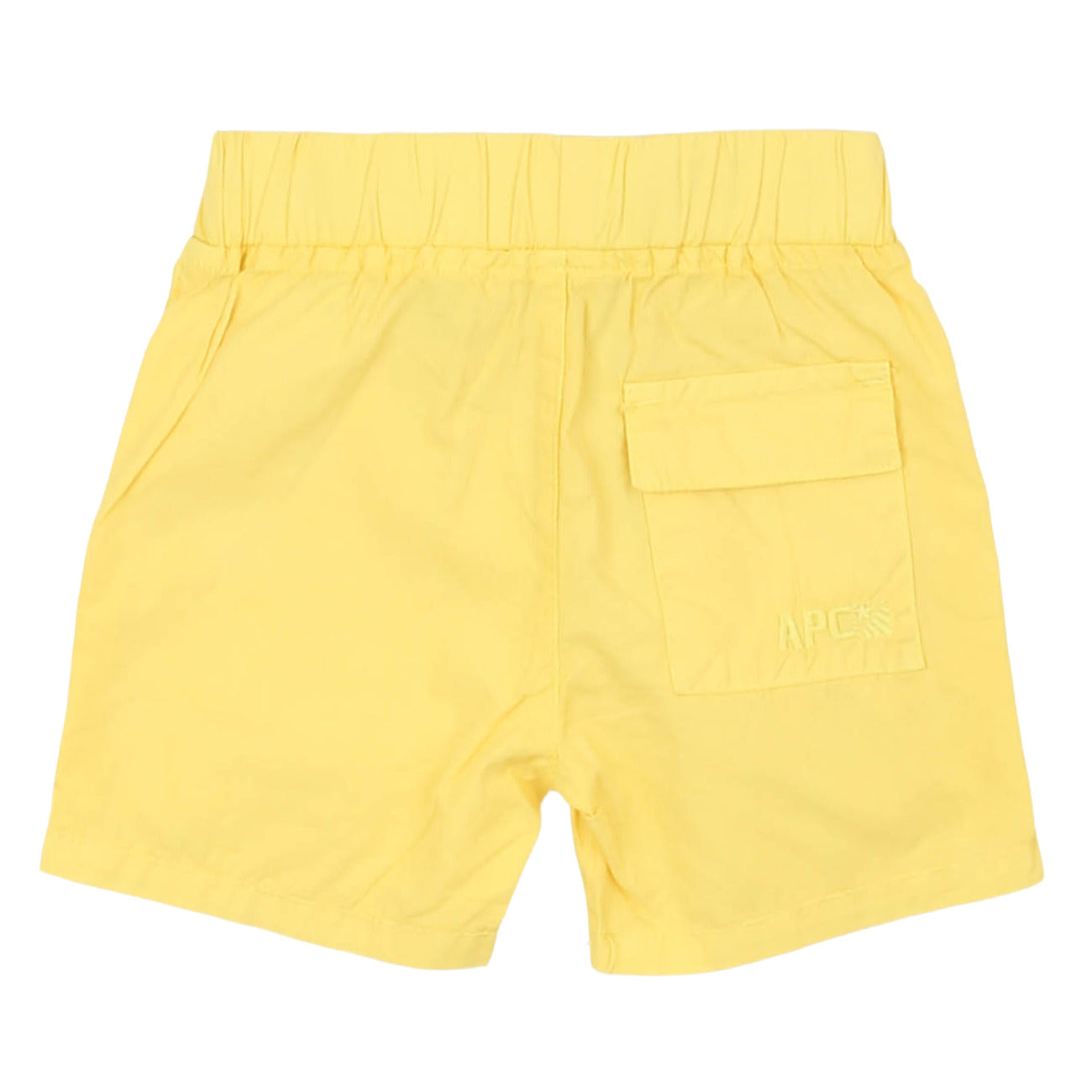 Yellow shorts with a brand logo on a white background
