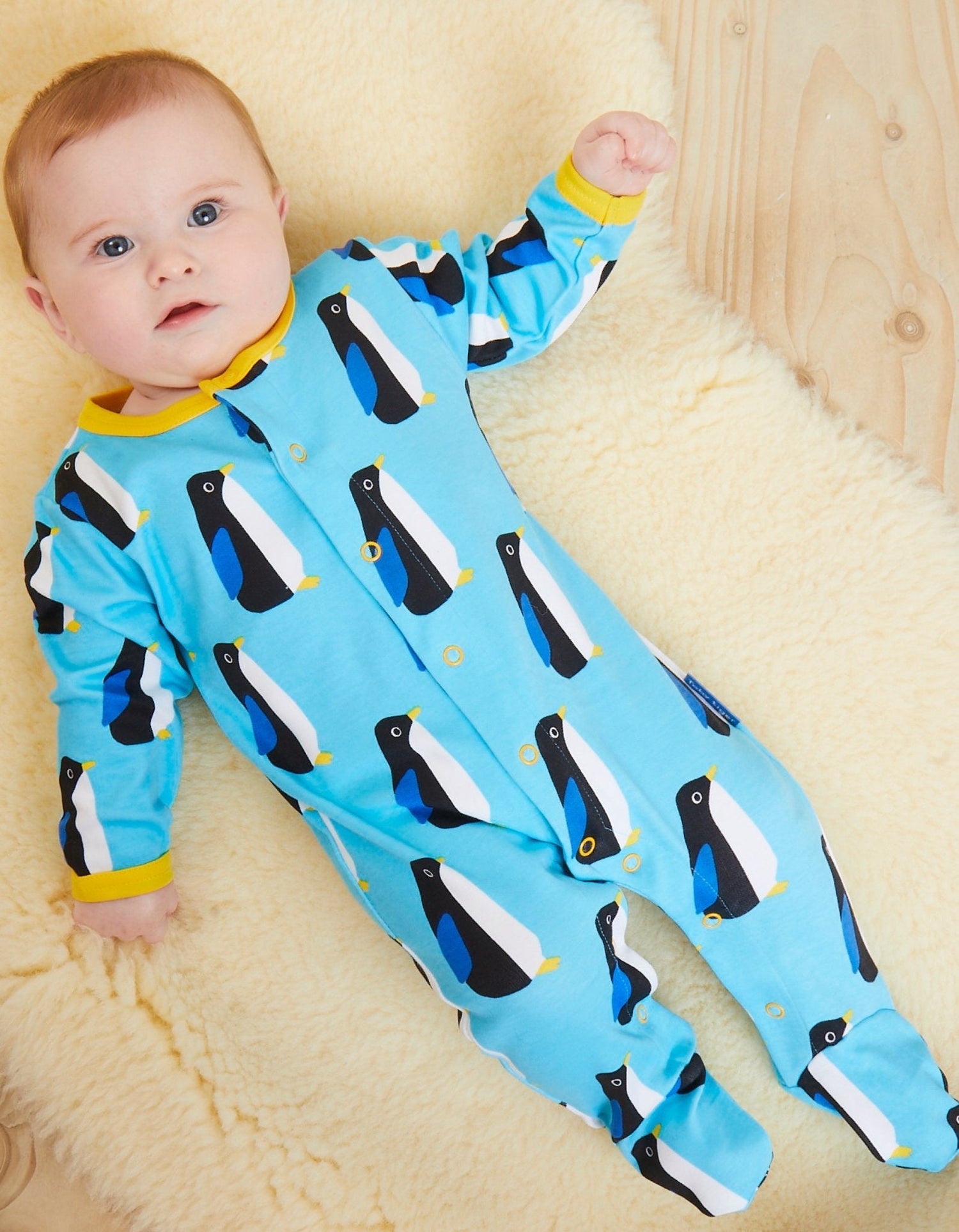 Baby wearing a blue penguin print babygrow
