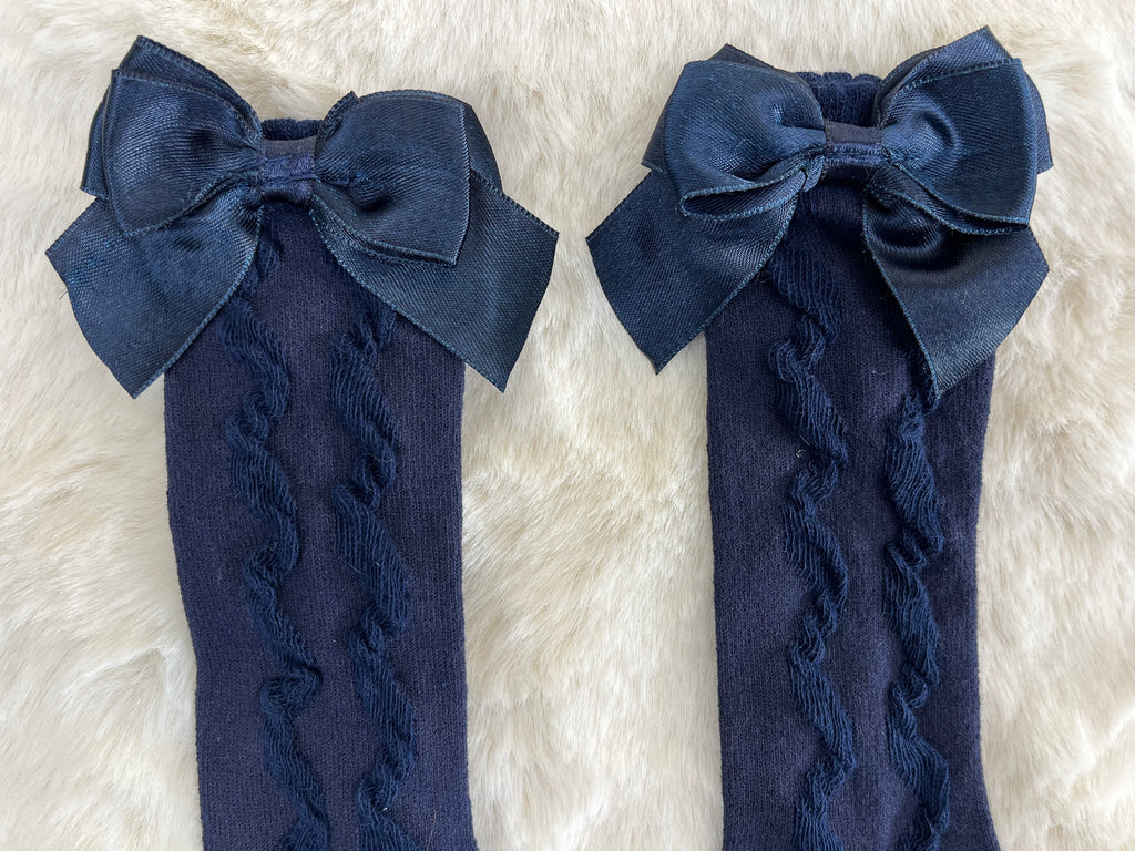 Pex Grazia Navy Knee High Ribbon Bow Socks
