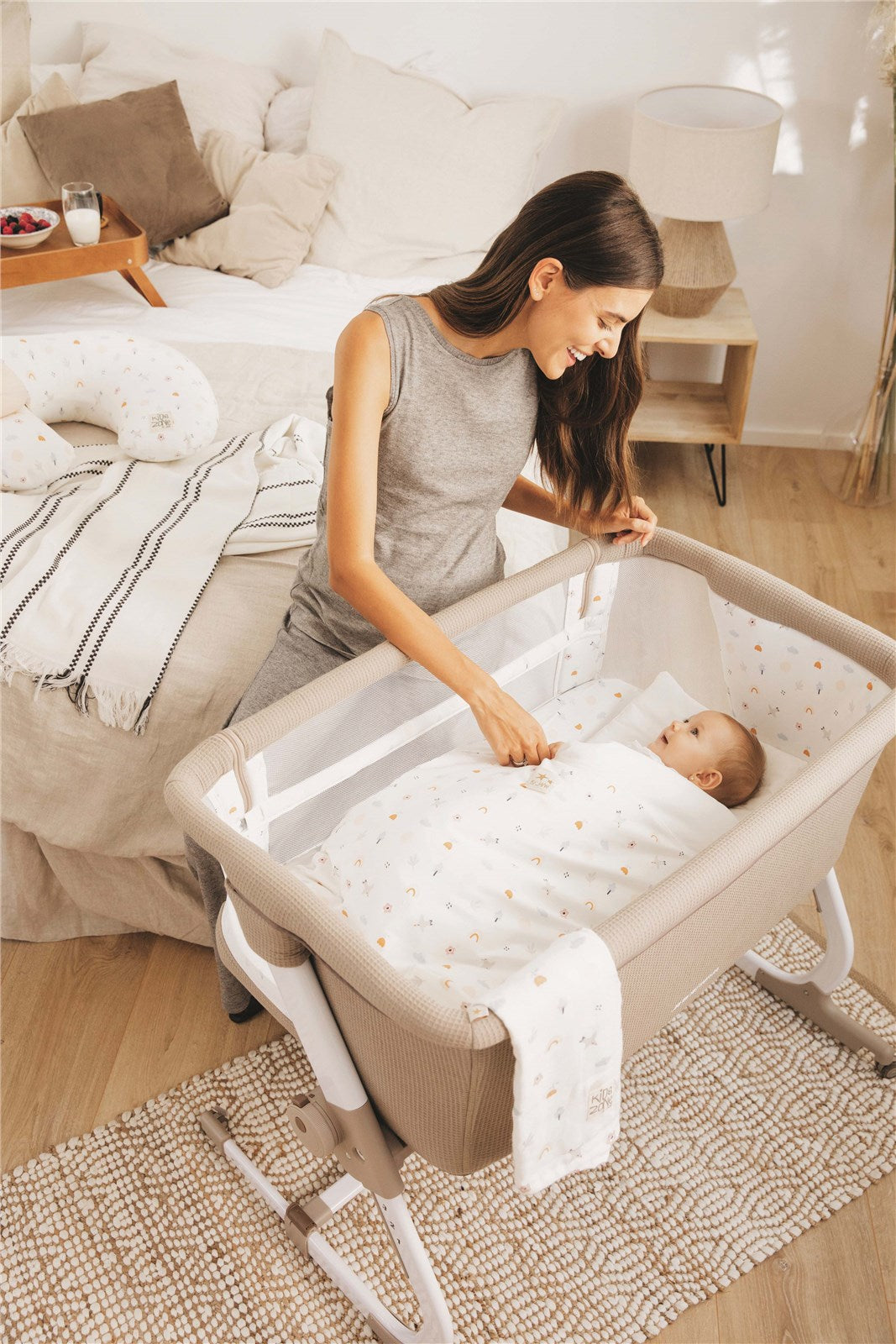 Jane Baby Side Crib + 4 Piece Bedding Set & Safety Mattress, Sesame