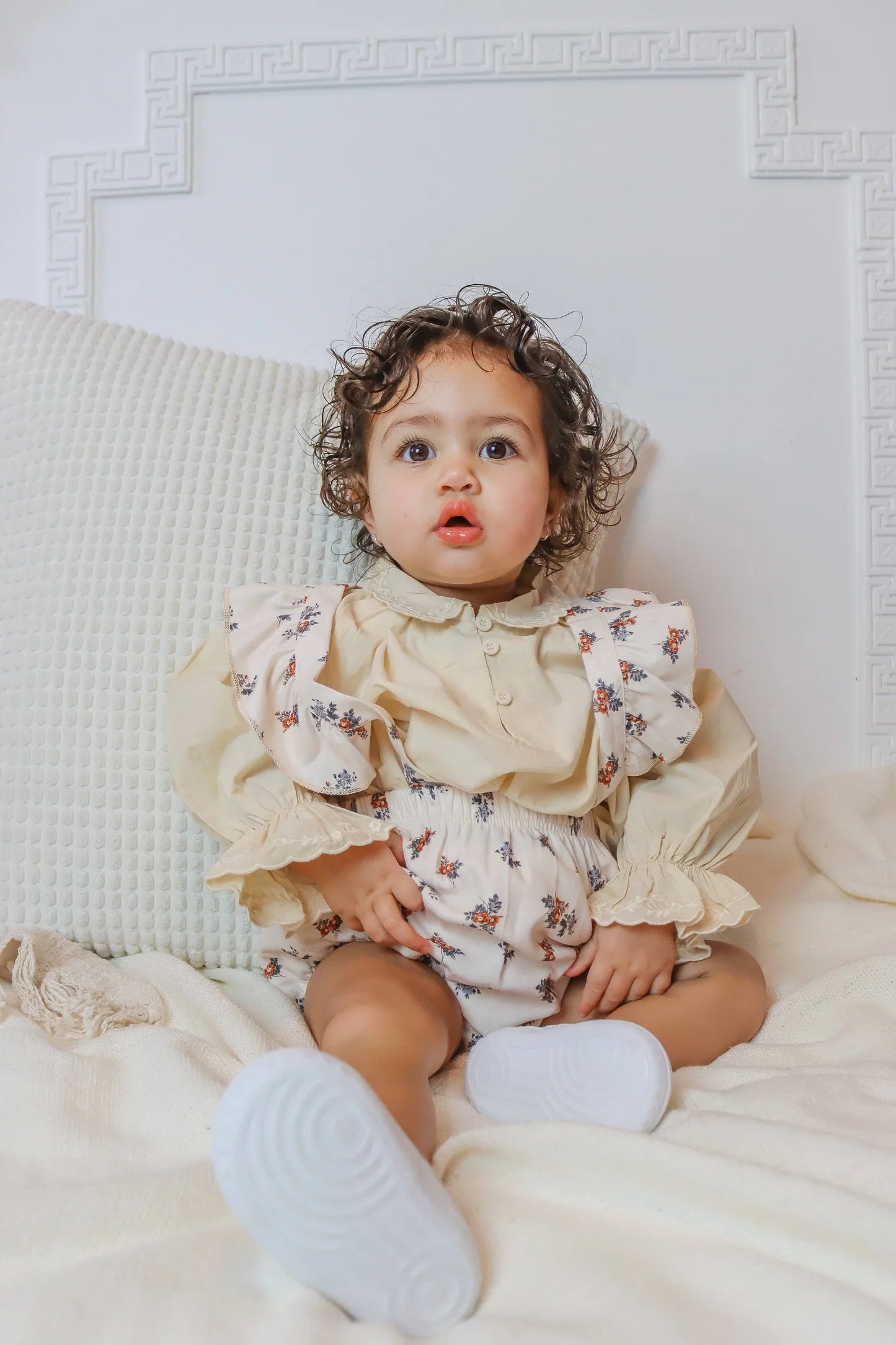 La Olivia Kids Kary Beige Floral Pinafore Romper