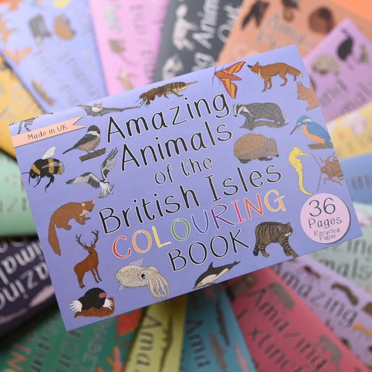 Coloring book titled 'Amazing Animals of the British Isles' with animal illustrations on a stack of similar books.