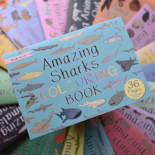 Colorful 'Amazing Sharks Colouring Book' with shark illustrations on a stack of similar books.